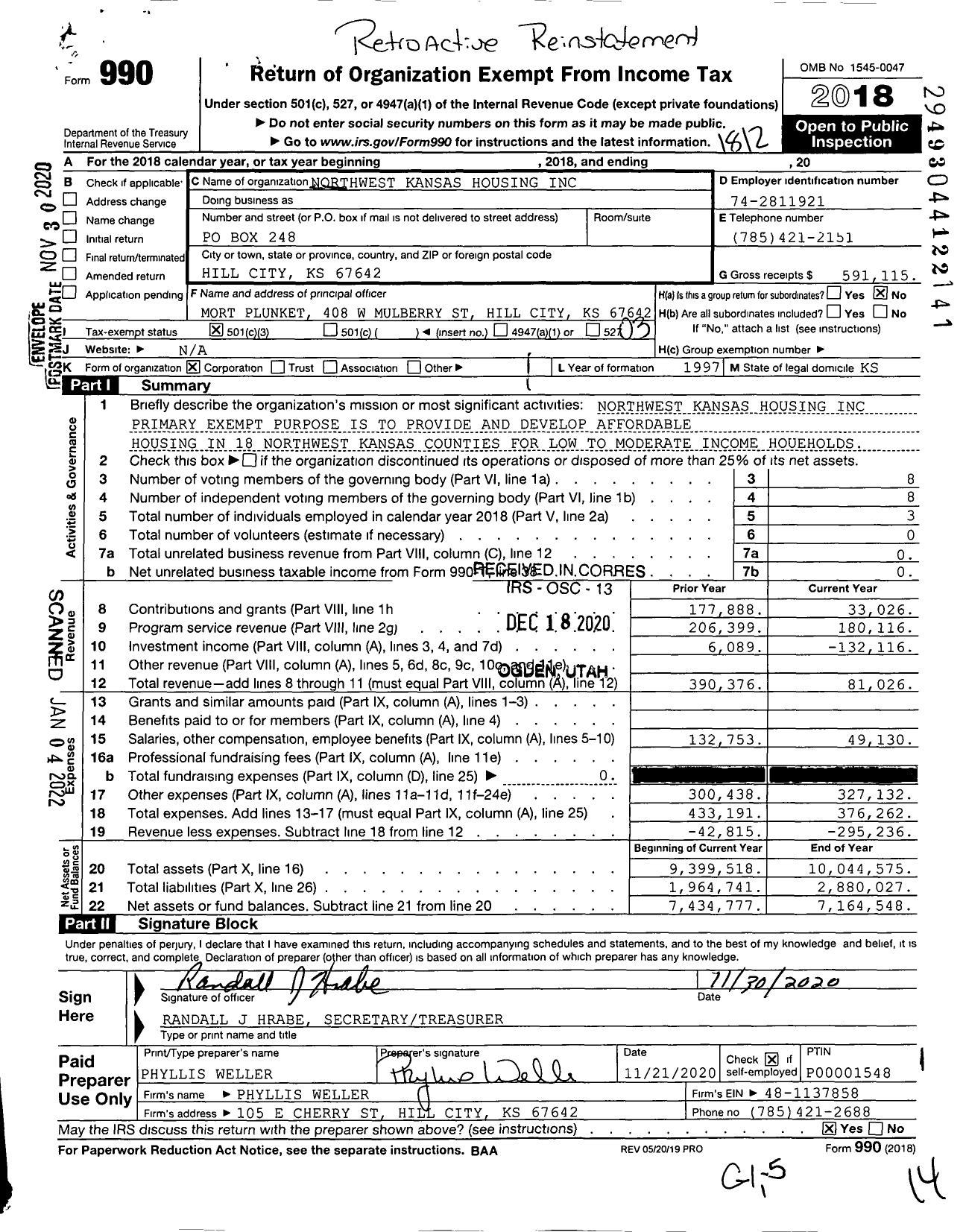 Image of first page of 2018 Form 990 for Northwest Kansas Housing