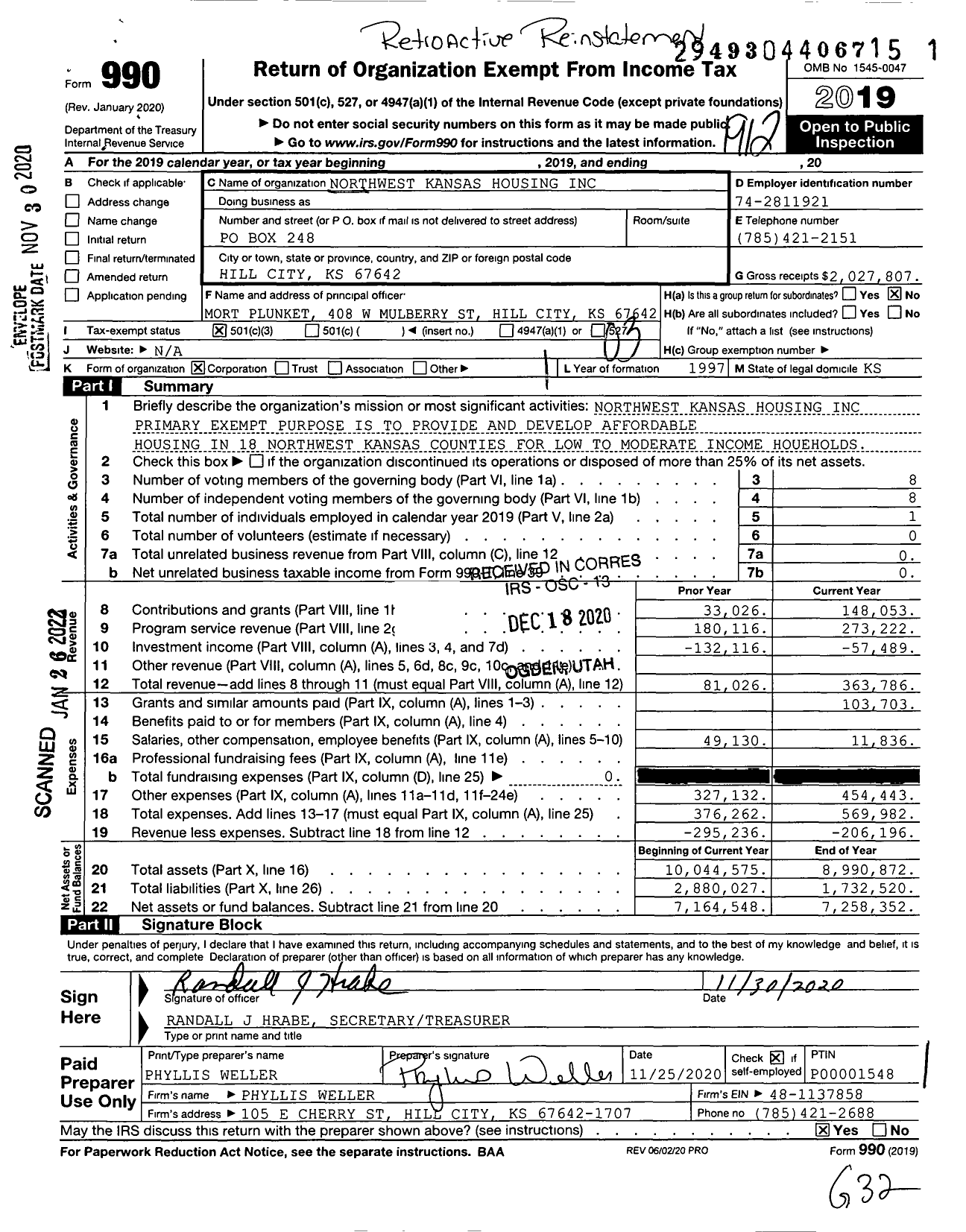 Image of first page of 2019 Form 990 for Northwest Kansas Housing