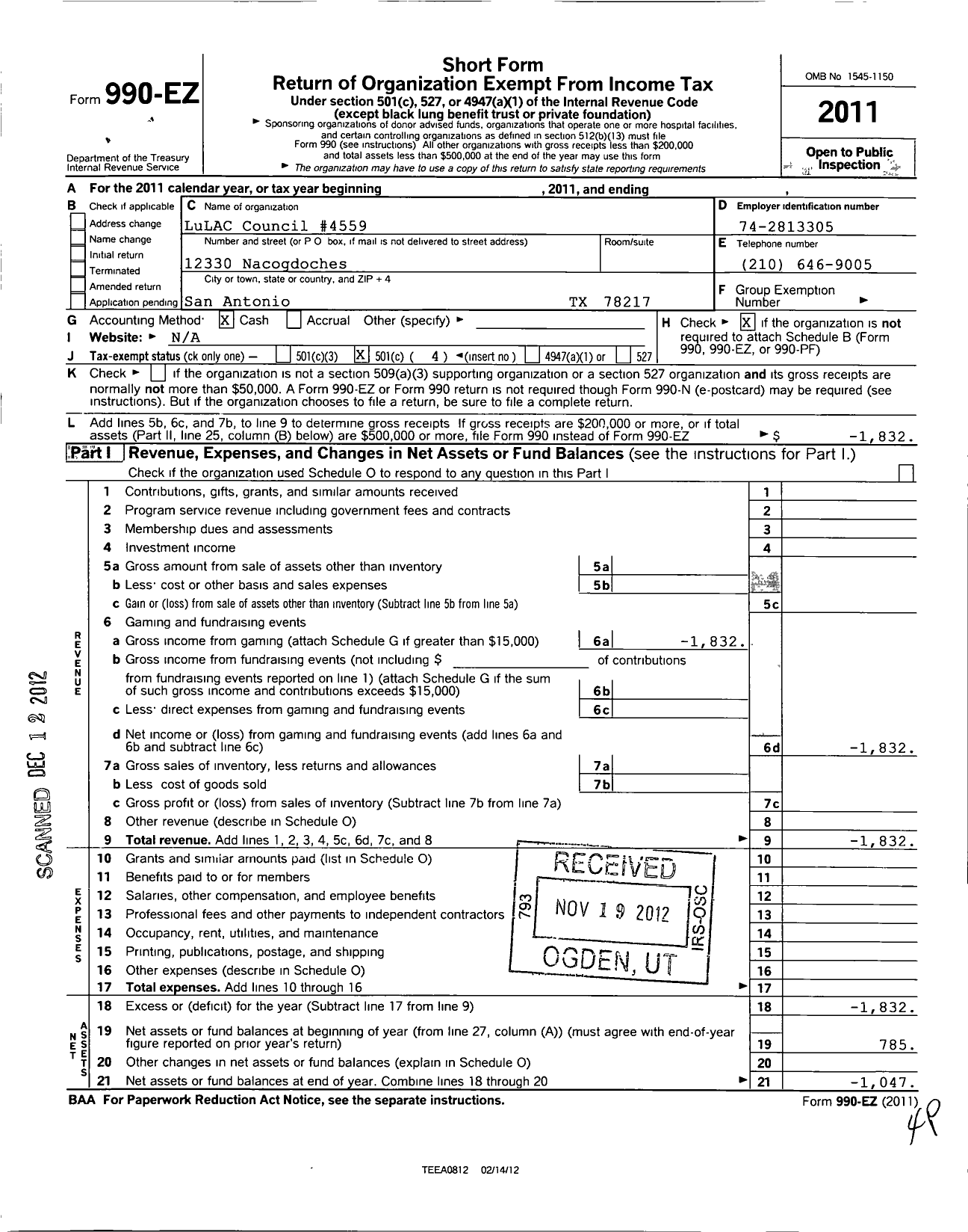 Image of first page of 2011 Form 990EO for League of United Latin American Citizens - Lulac Council 4559