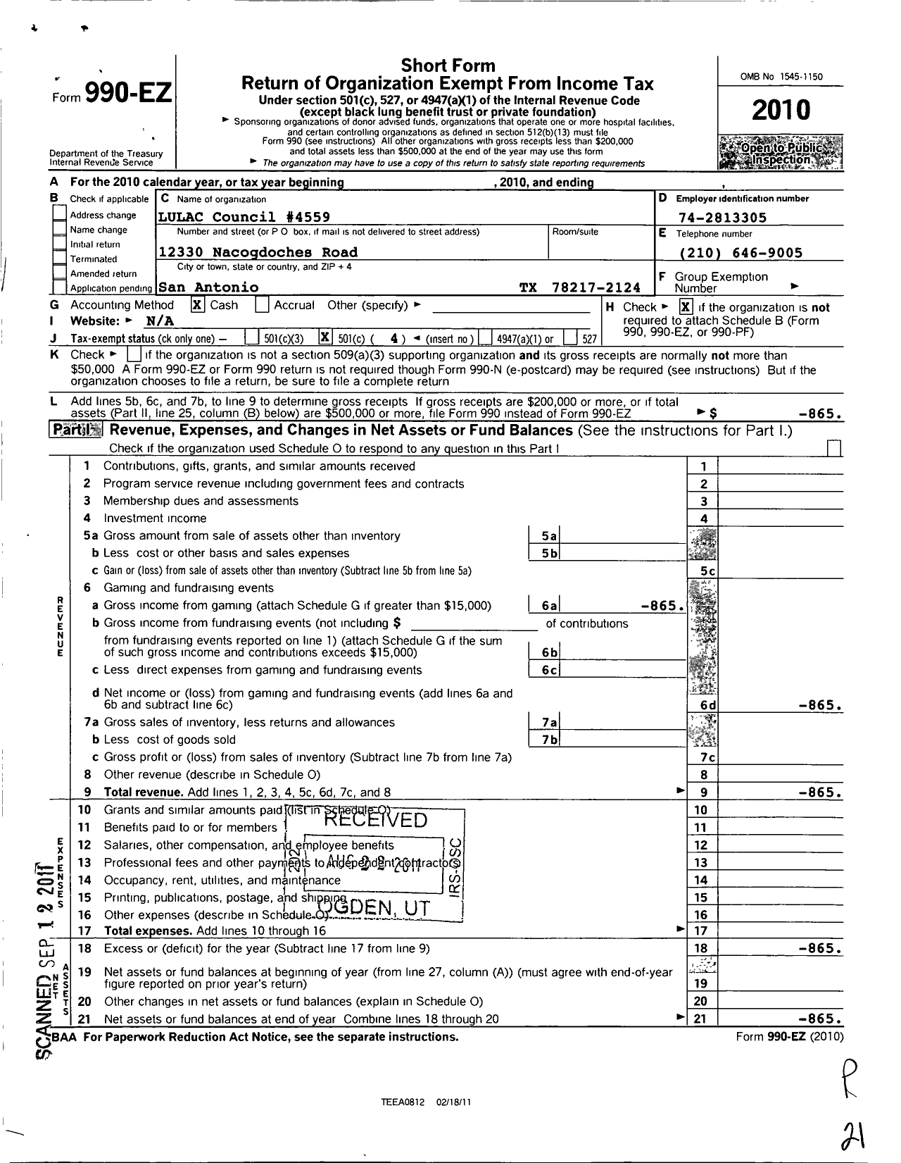 Image of first page of 2010 Form 990EO for League of United Latin American Citizens - Lulac Council 4559