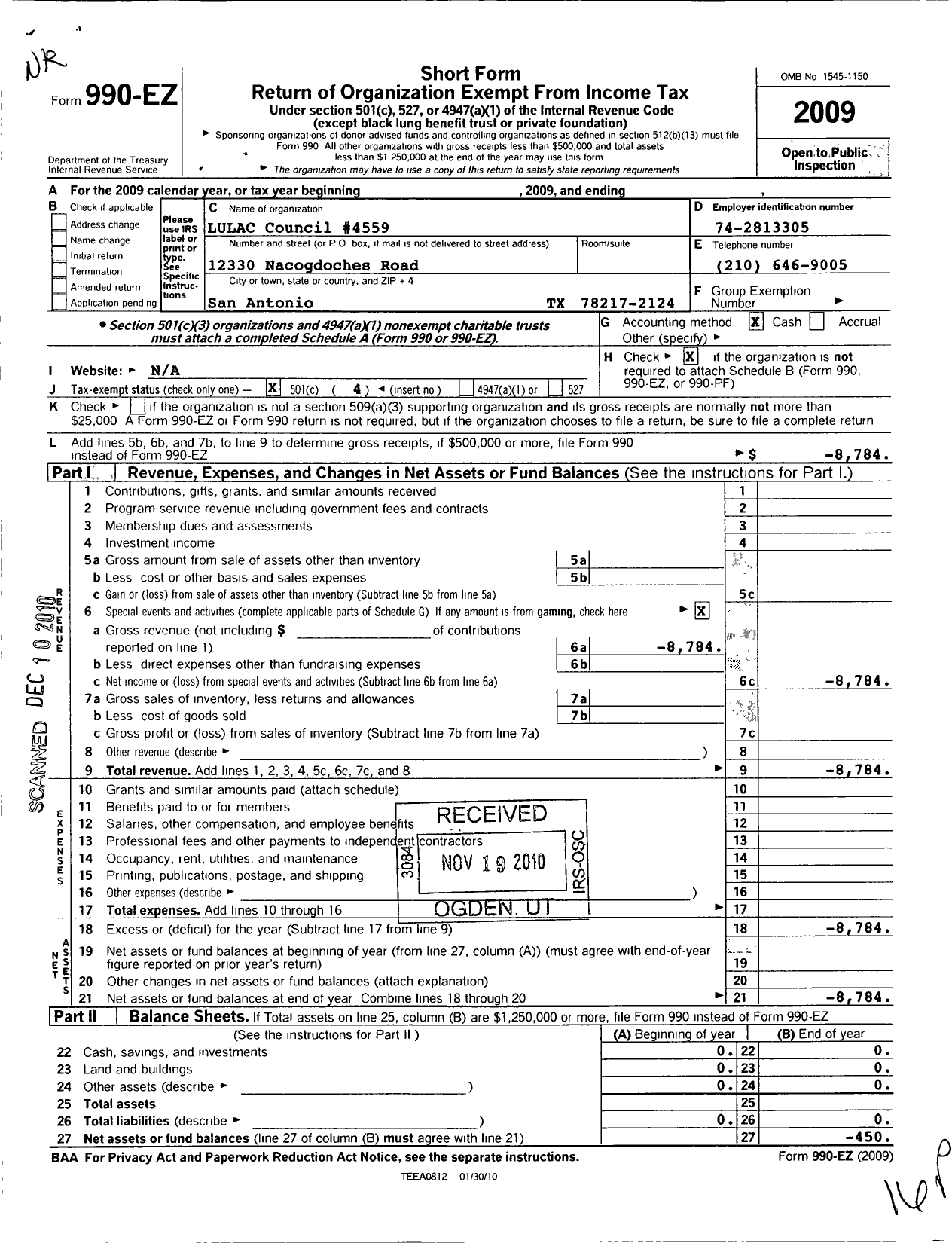 Image of first page of 2009 Form 990EO for League of United Latin American Citizens - Lulac Council 4559