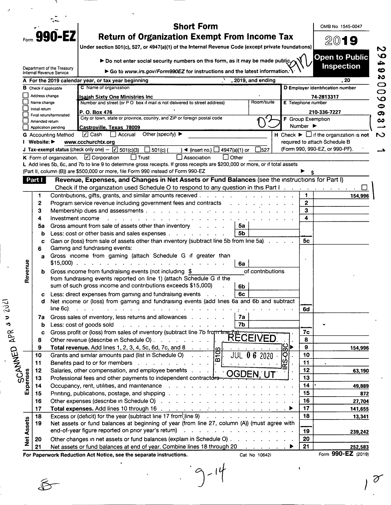 Image of first page of 2019 Form 990EZ for Isaiah Sixty One Ministries