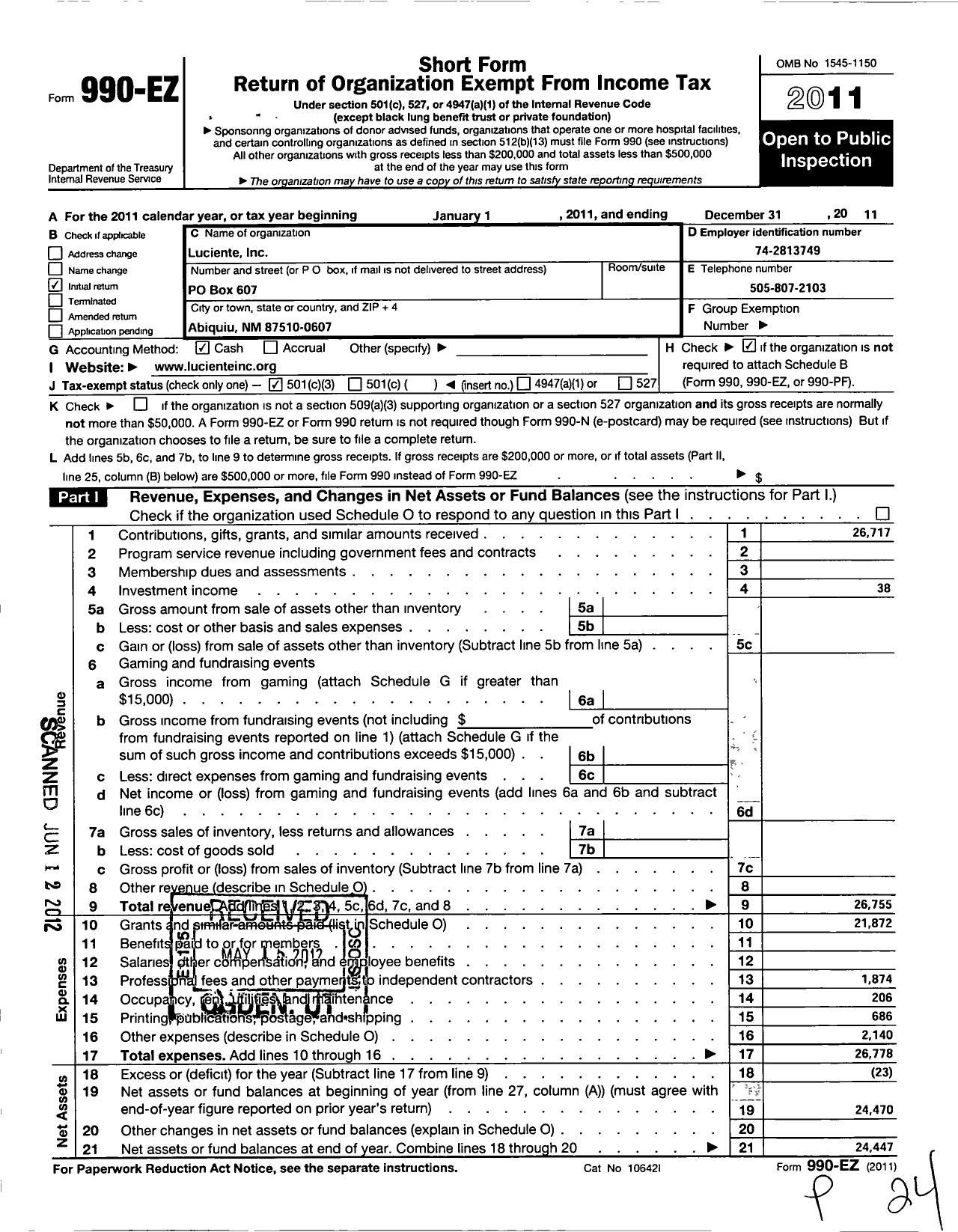 Image of first page of 2011 Form 990EZ for Luciente