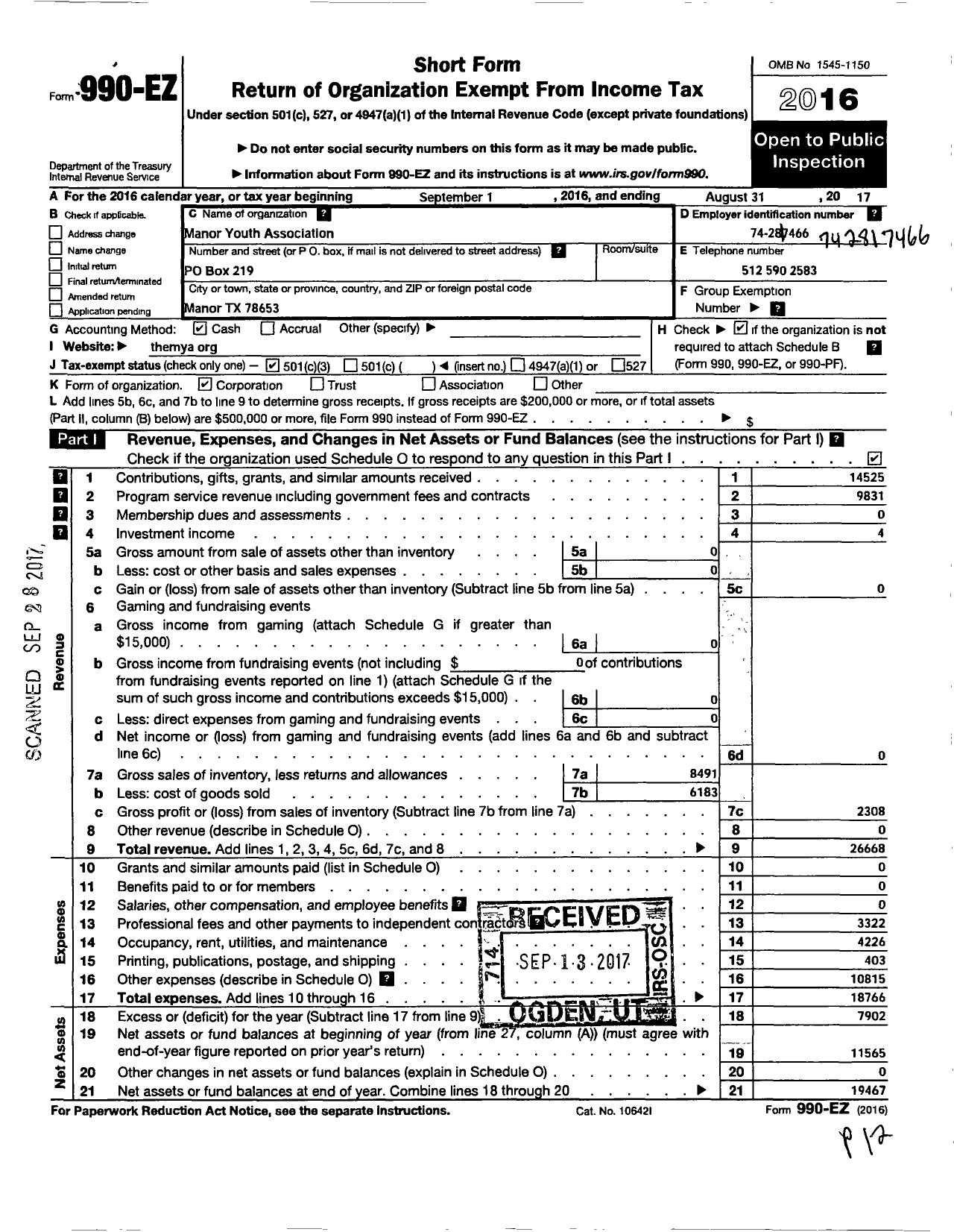 Image of first page of 2016 Form 990EZ for Manor Youth Association