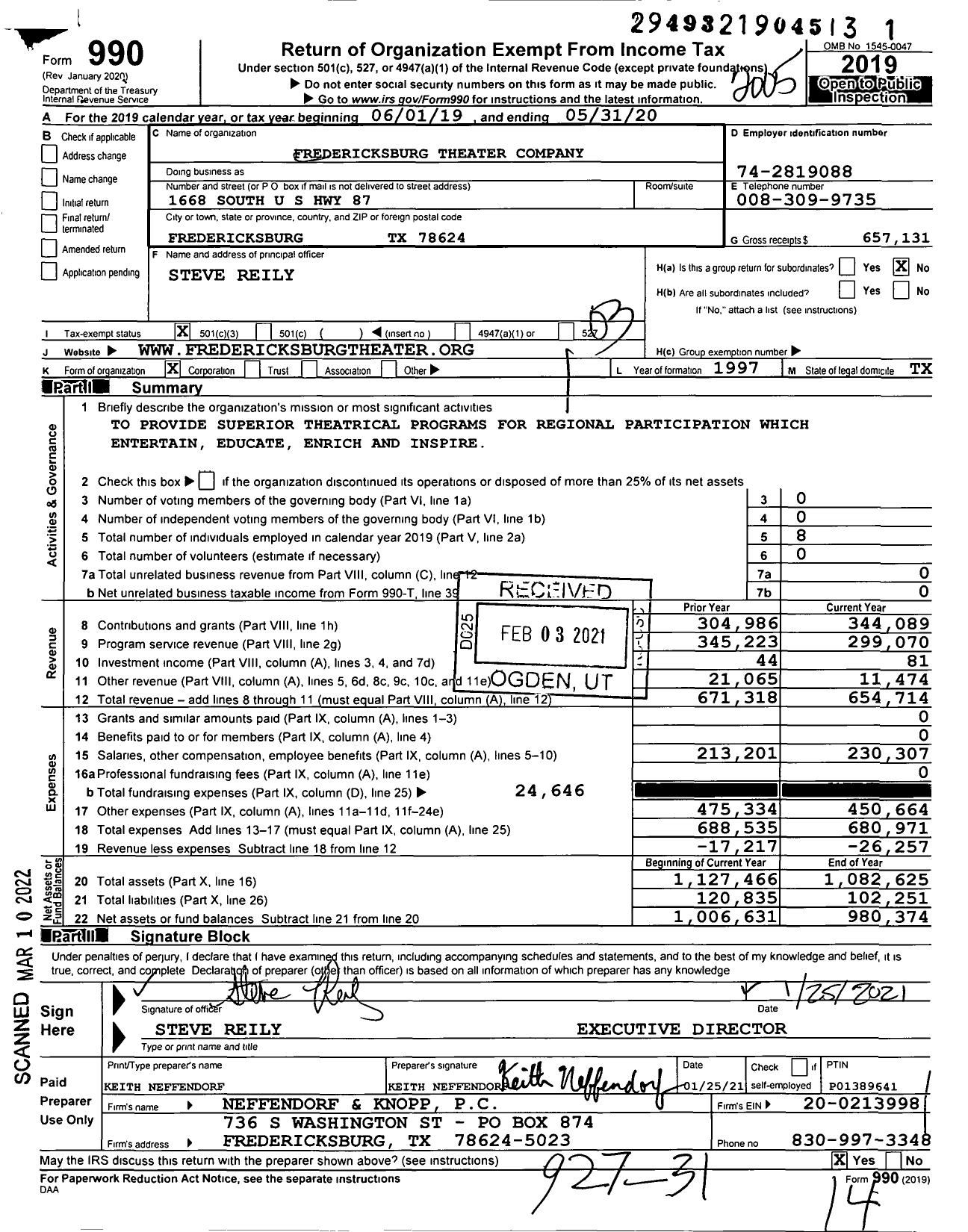 Image of first page of 2019 Form 990 for Fredericksburg Theater Company