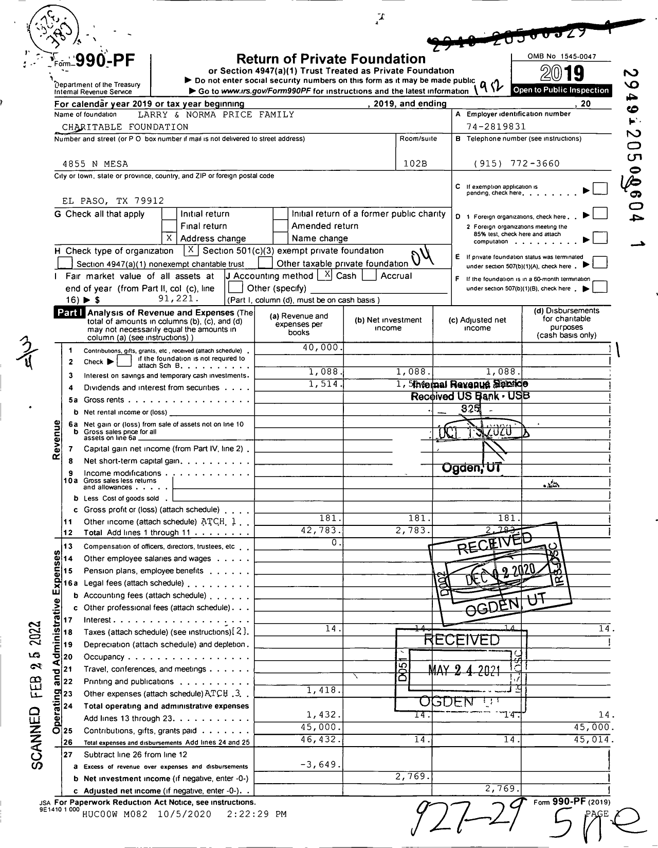 Image of first page of 2019 Form 990PF for Larry and Norma Price Family Charitable Foundation