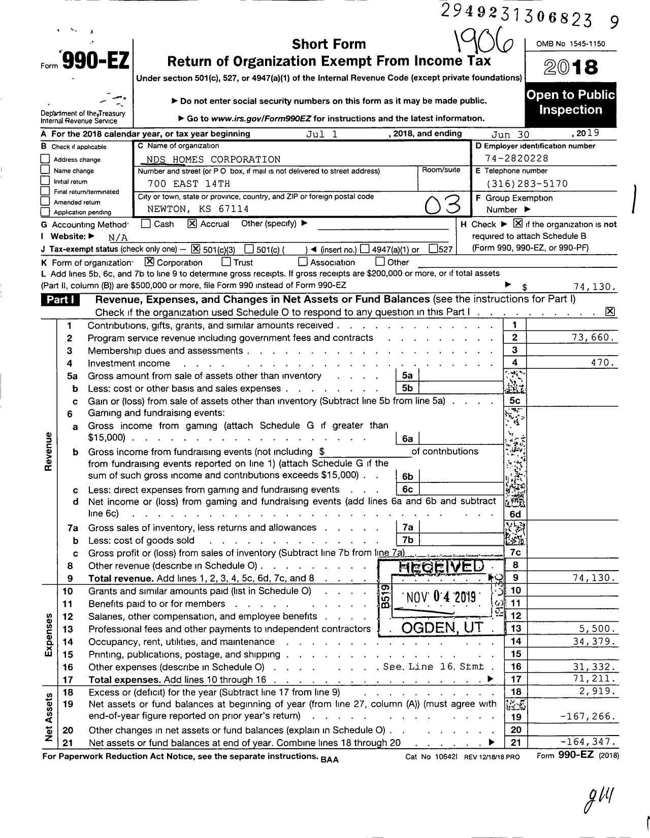 Image of first page of 2018 Form 990EZ for NDS Homes Corporation