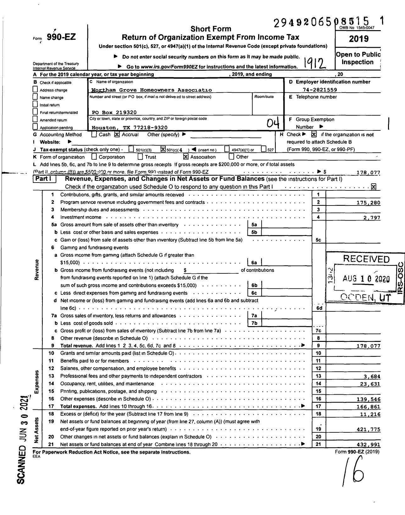 Image of first page of 2019 Form 990EO for Wortham Grove Homeowners Associatio