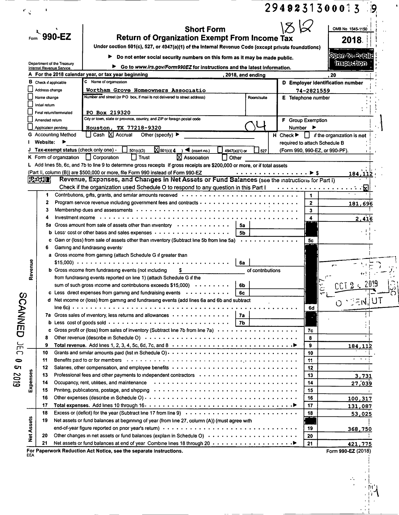 Image of first page of 2018 Form 990EO for Wortham Grove Homeowners Associatio