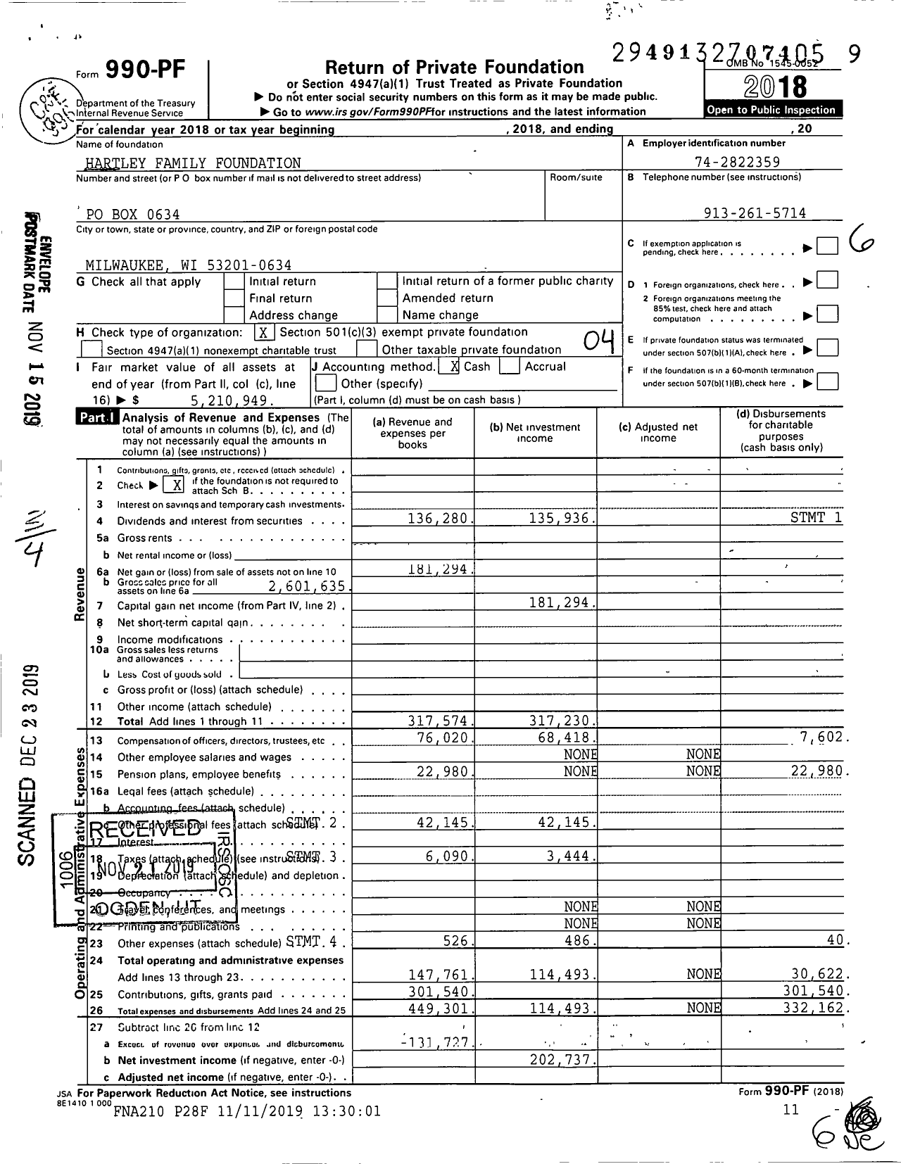 Image of first page of 2018 Form 990PF for Hartley Family Foundation / Hartley W C Ttee