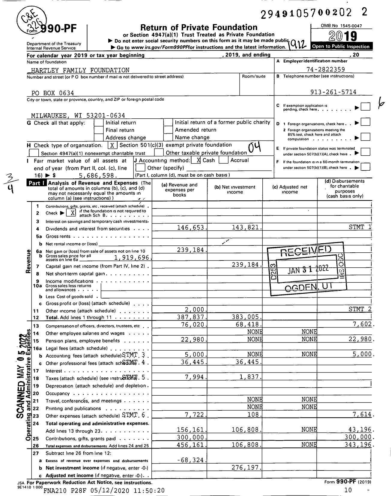 Image of first page of 2019 Form 990PF for Hartley Family Foundation / Hartley W C Ttee