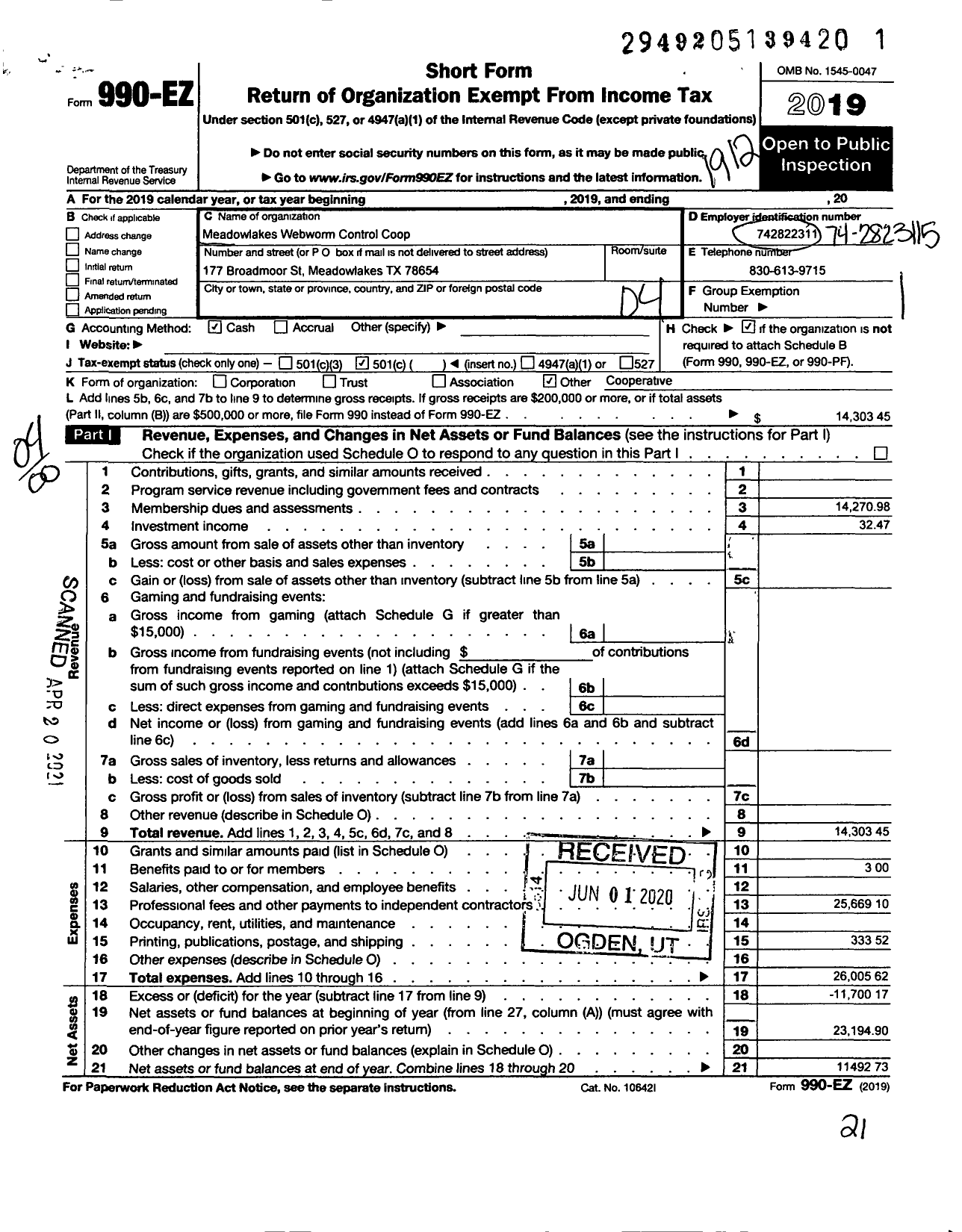 Image of first page of 2019 Form 990EO for Meadowlakes Webworm Control Co-Op