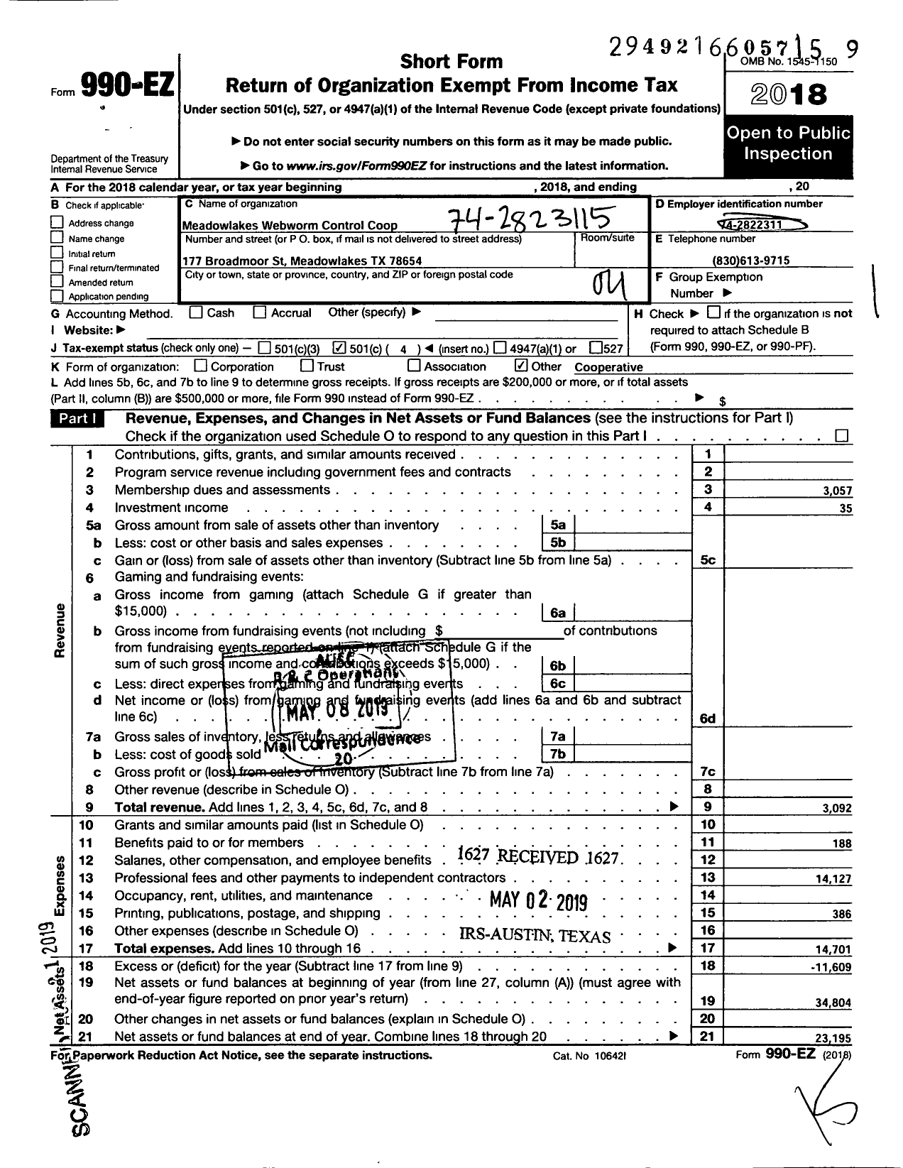 Image of first page of 2018 Form 990EO for Meadowlakes Webworm Control Co-Op