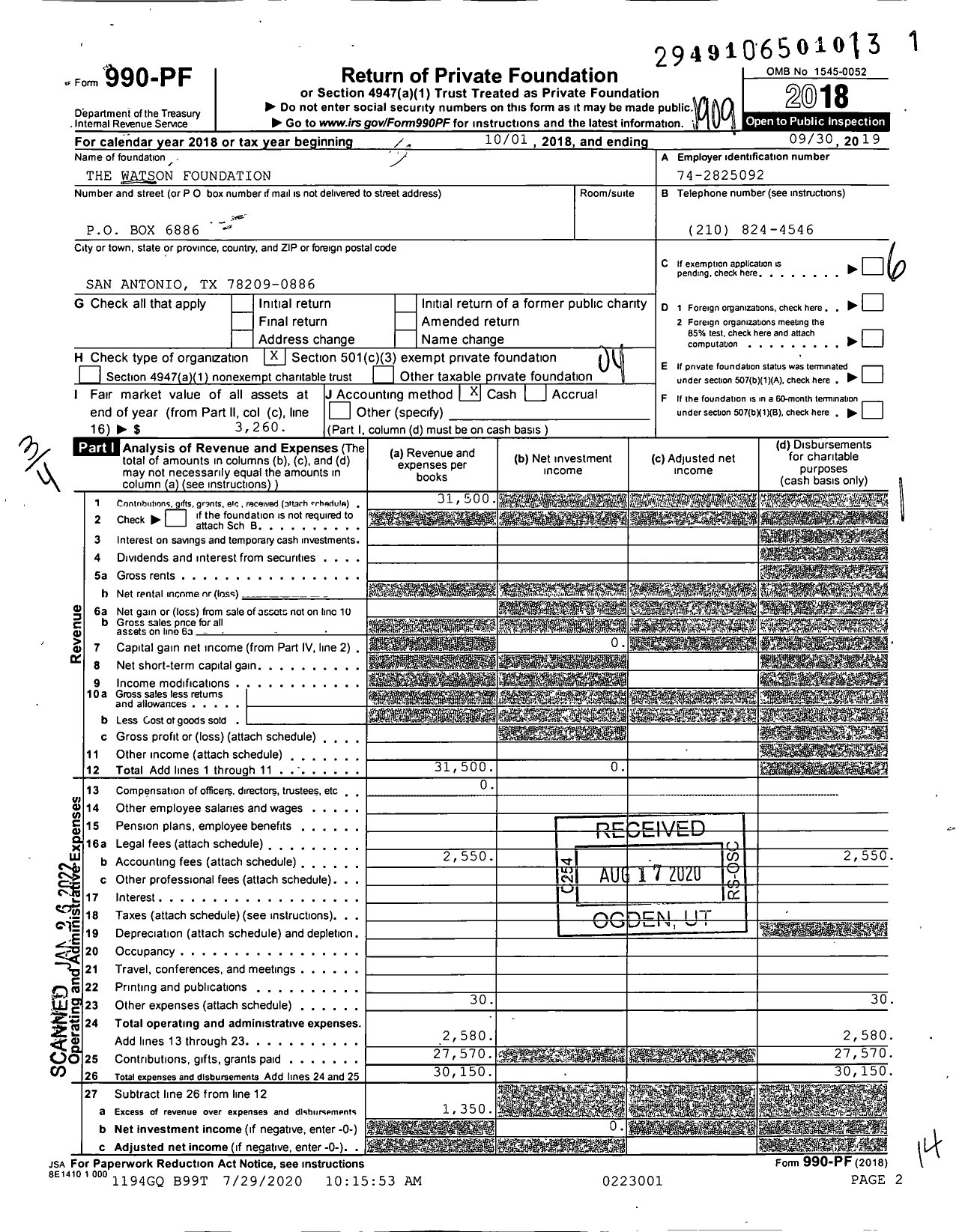 Image of first page of 2018 Form 990PF for The Watson Foundation