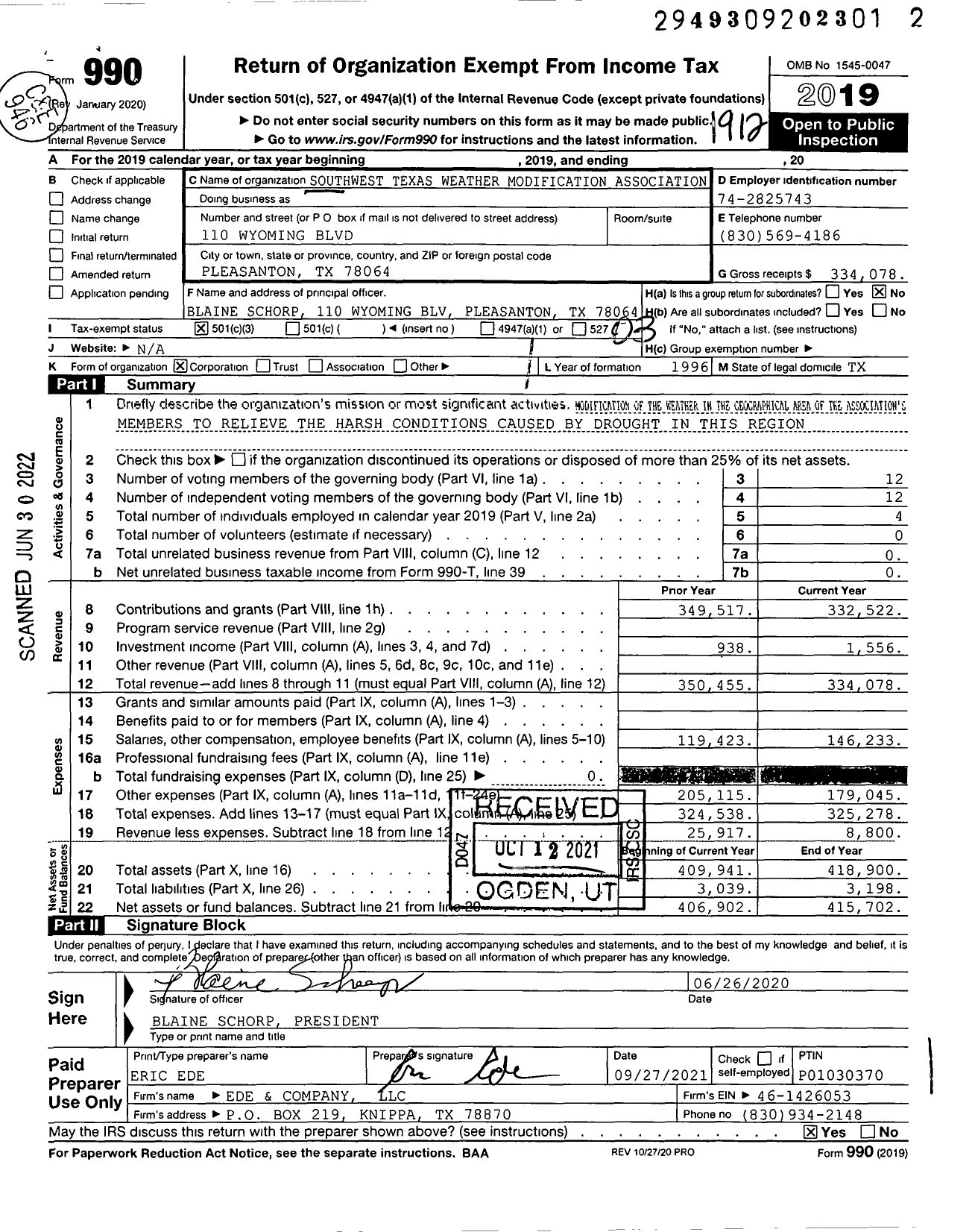 Image of first page of 2019 Form 990 for Southwest Texas Weather Modification Association