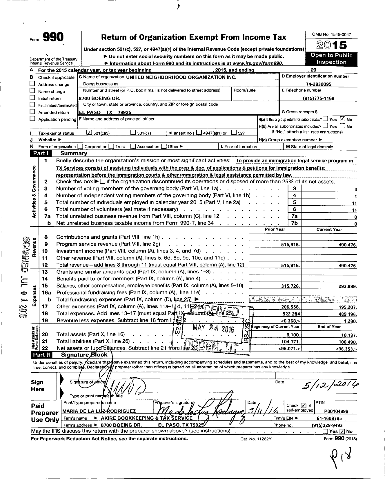 Image of first page of 2015 Form 990 for United Neighborhood Organization