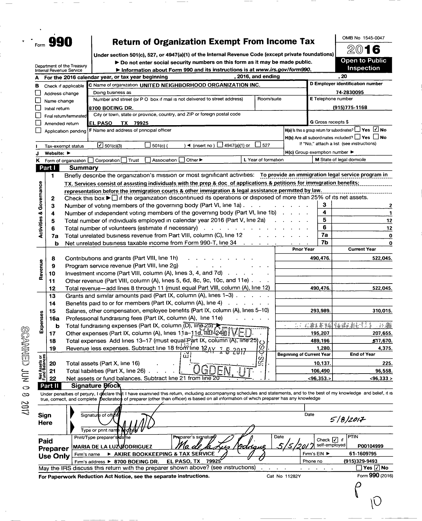 Image of first page of 2016 Form 990 for United Neighborhood Organization