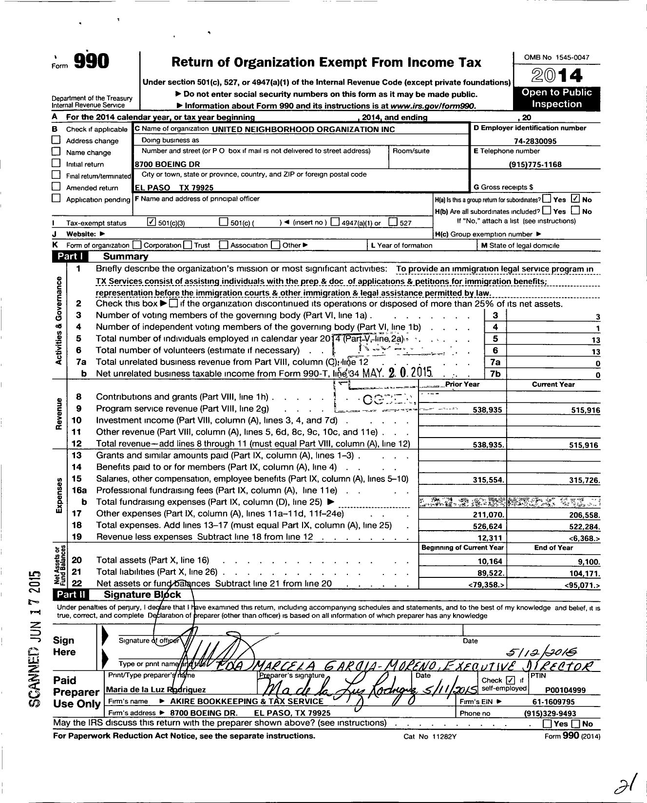 Image of first page of 2014 Form 990 for United Neighborhood Organization