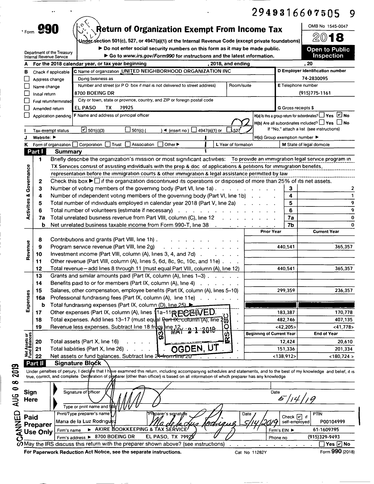 Image of first page of 2018 Form 990 for United Neighborhood Organization