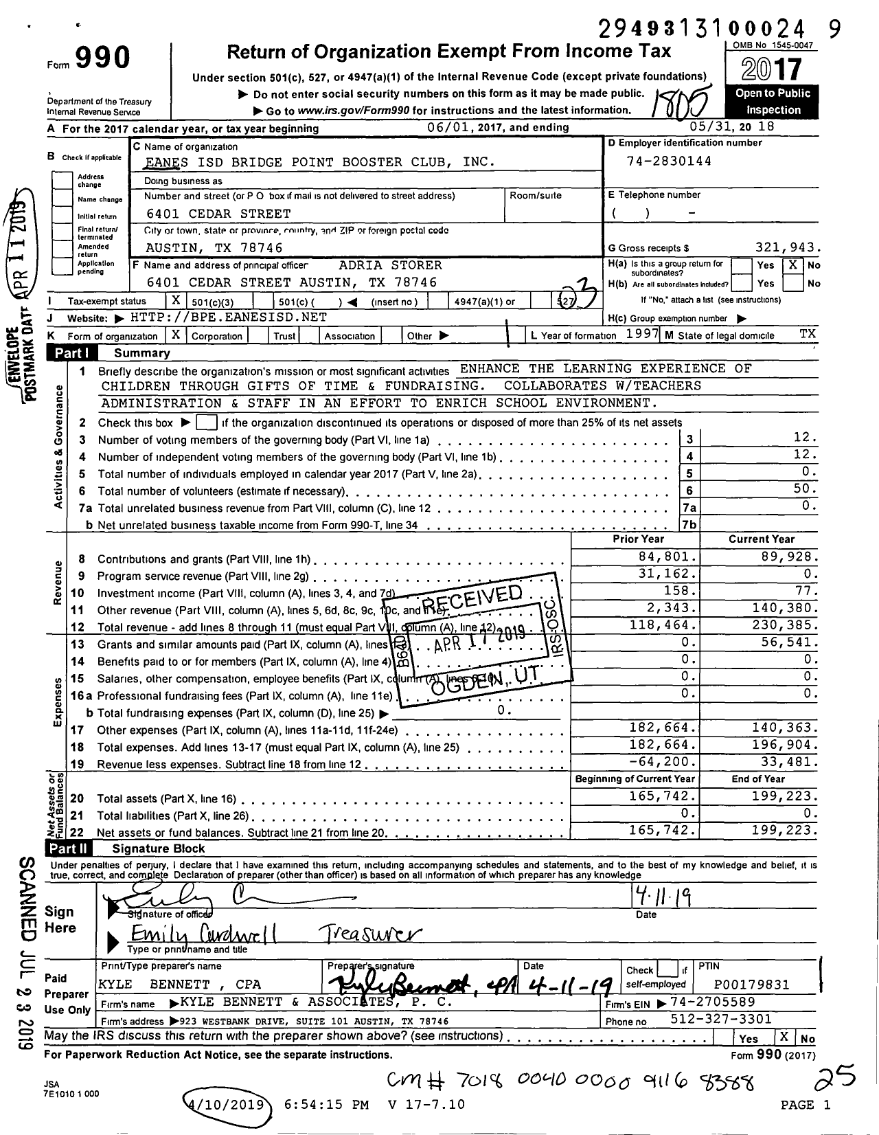 Image of first page of 2017 Form 990 for Eanes Isd S D Bridge Point Booster Club