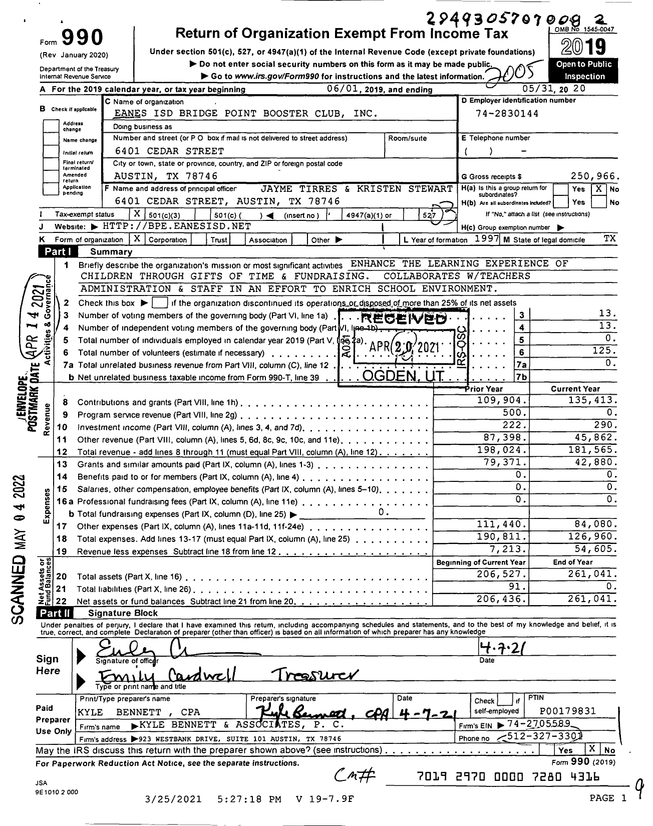 Image of first page of 2019 Form 990 for Eanes Isd S D Bridge Point Booster Club