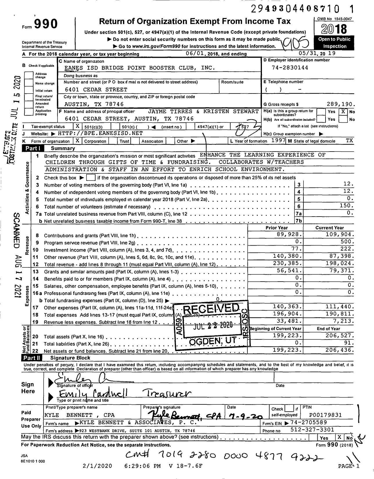 Image of first page of 2018 Form 990 for Eanes Isd S D Bridge Point Booster Club