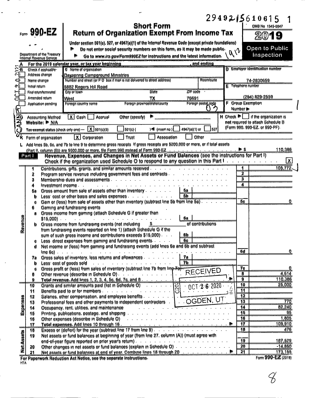 Image of first page of 2019 Form 990EZ for Dayspring Campground Ministries