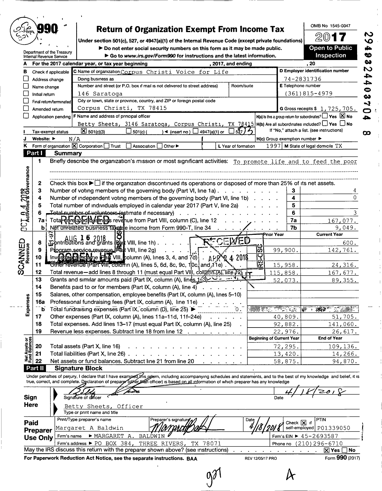 Image of first page of 2017 Form 990 for Corpus Christis Voice for Life