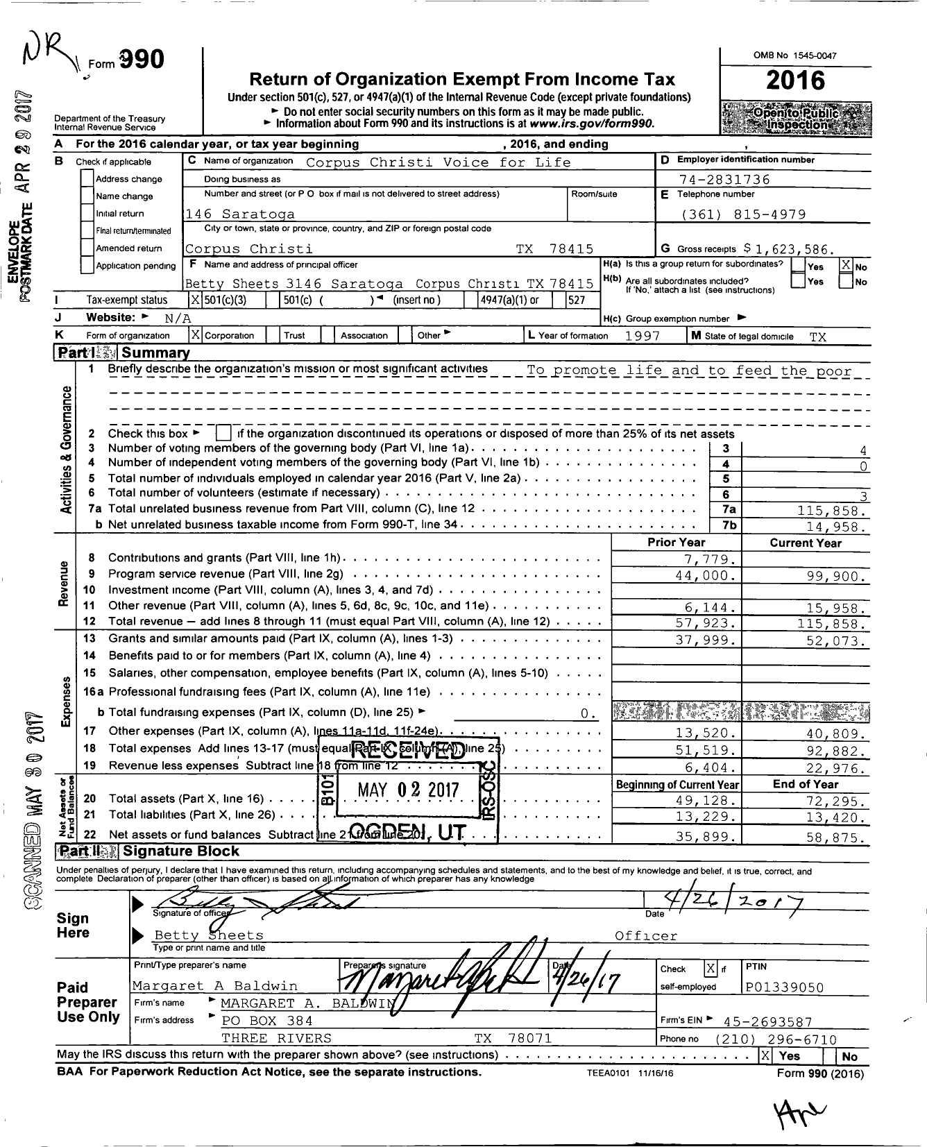 Image of first page of 2016 Form 990 for Corpus Christis Voice for Life