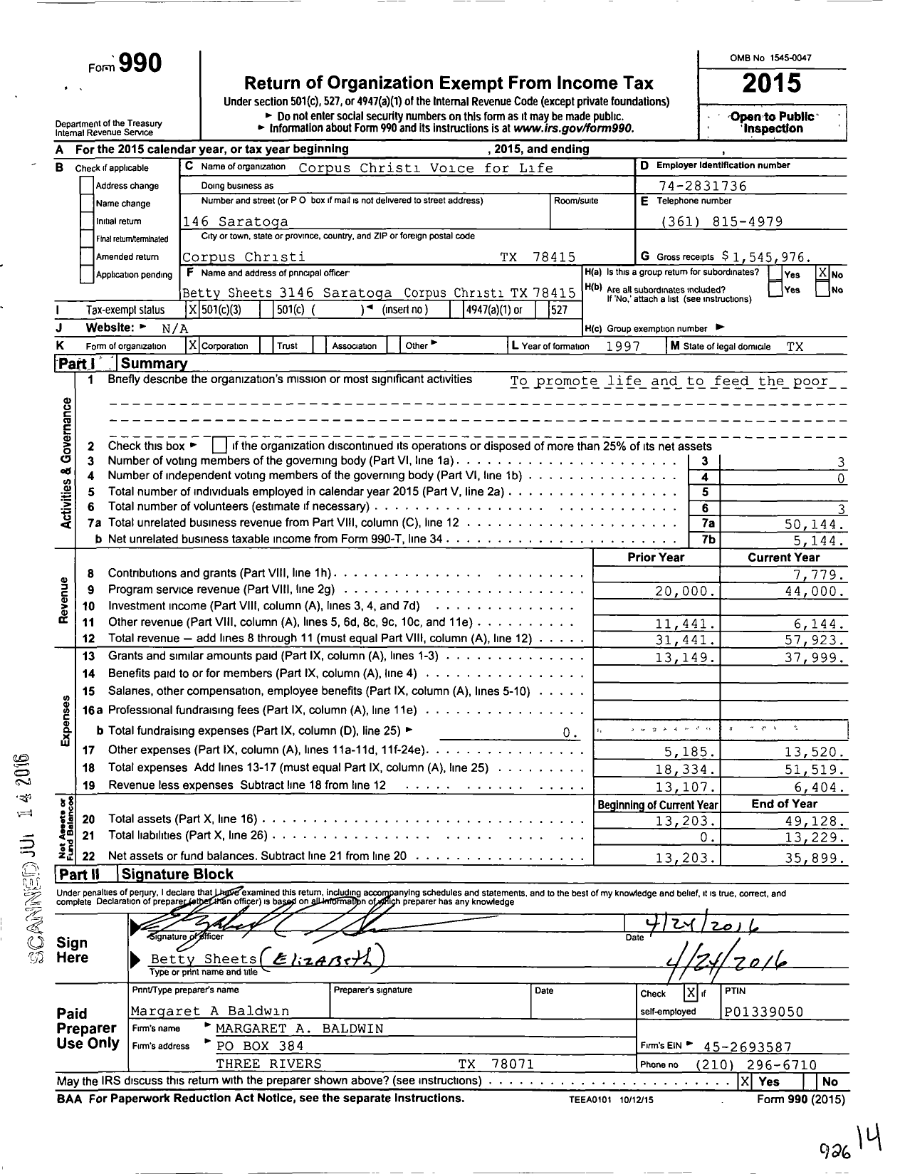 Image of first page of 2015 Form 990 for Corpus Christis Voice for Life