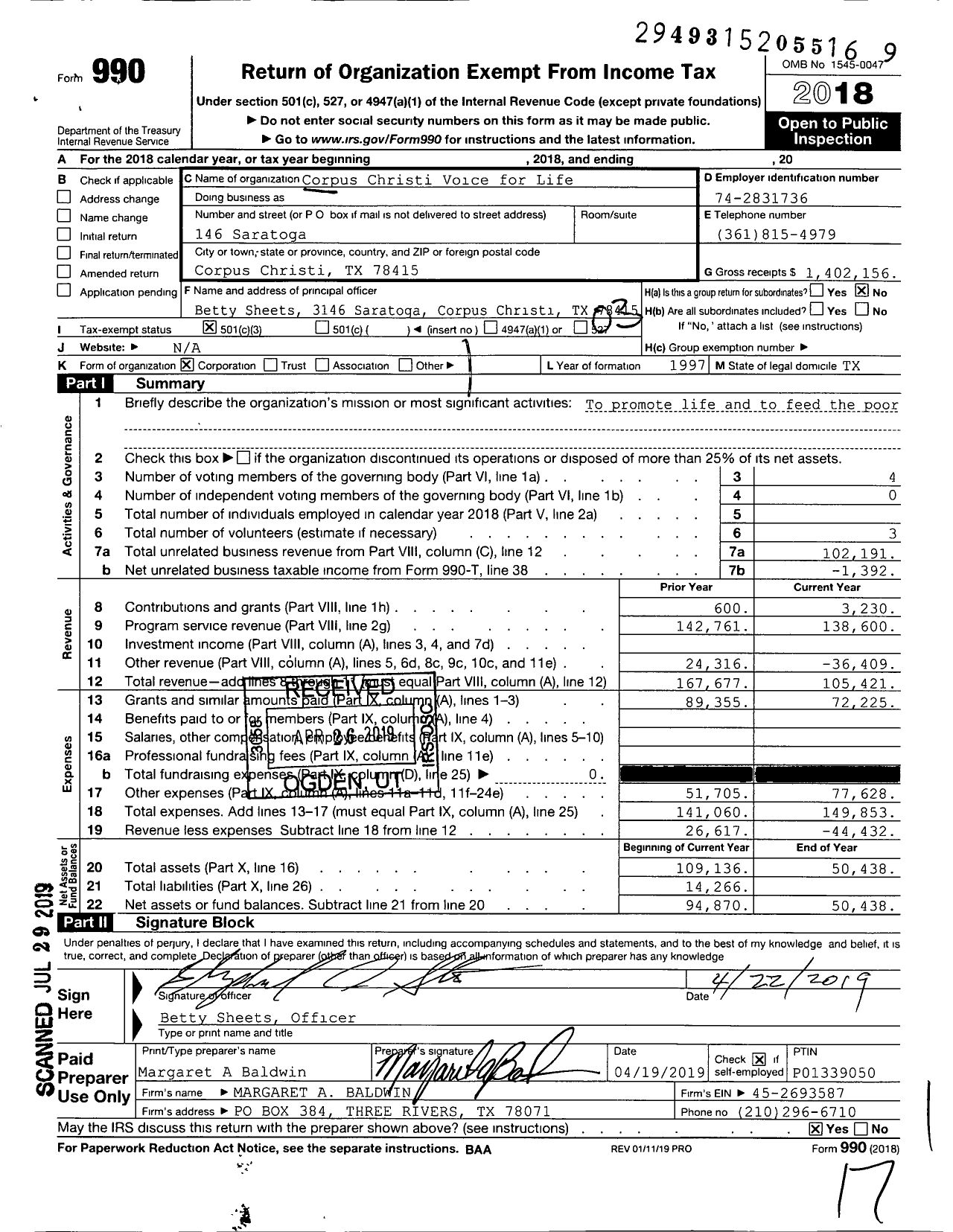 Image of first page of 2018 Form 990 for Corpus Christis Voice for Life