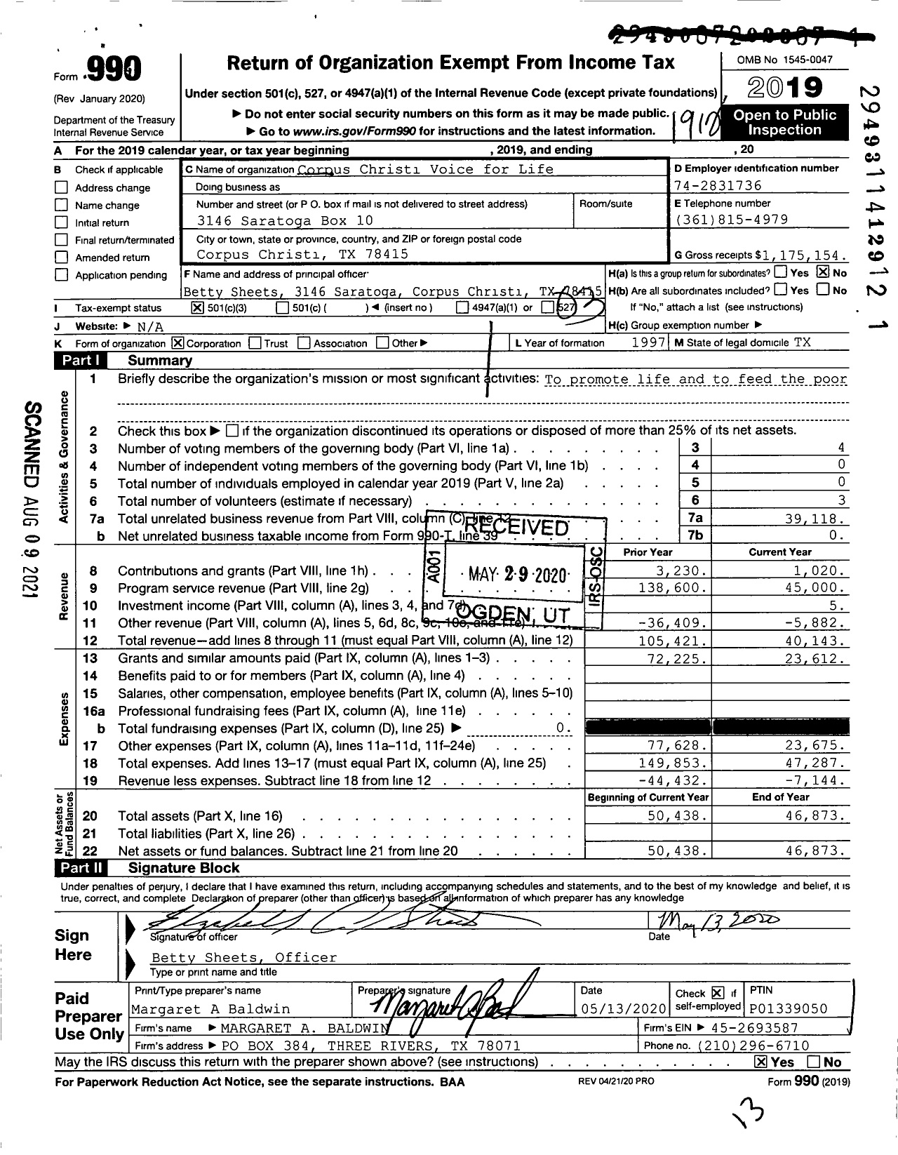 Image of first page of 2019 Form 990 for Corpus Christis Voice for Life