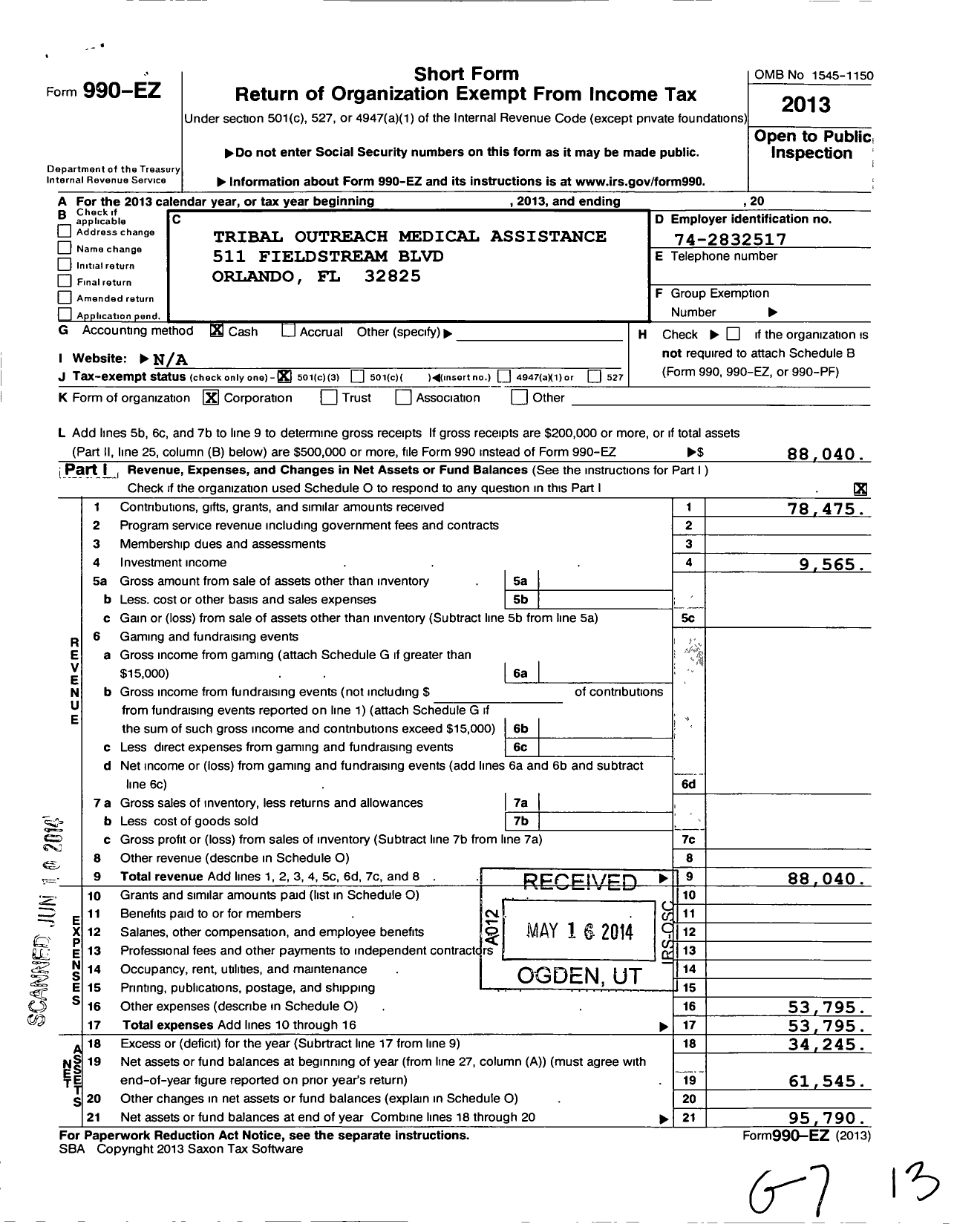 Image of first page of 2013 Form 990EZ for Tribal Outreach Medical Assistance Foundation