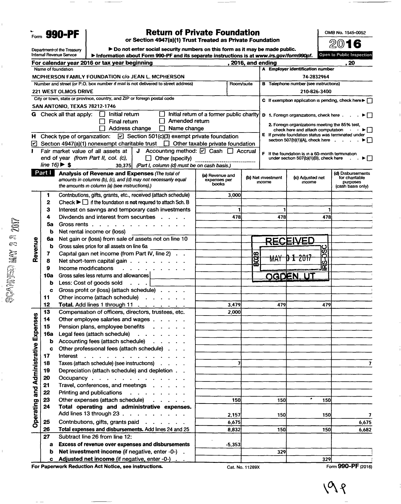 Image of first page of 2016 Form 990PF for Mcpherson Family Foundation