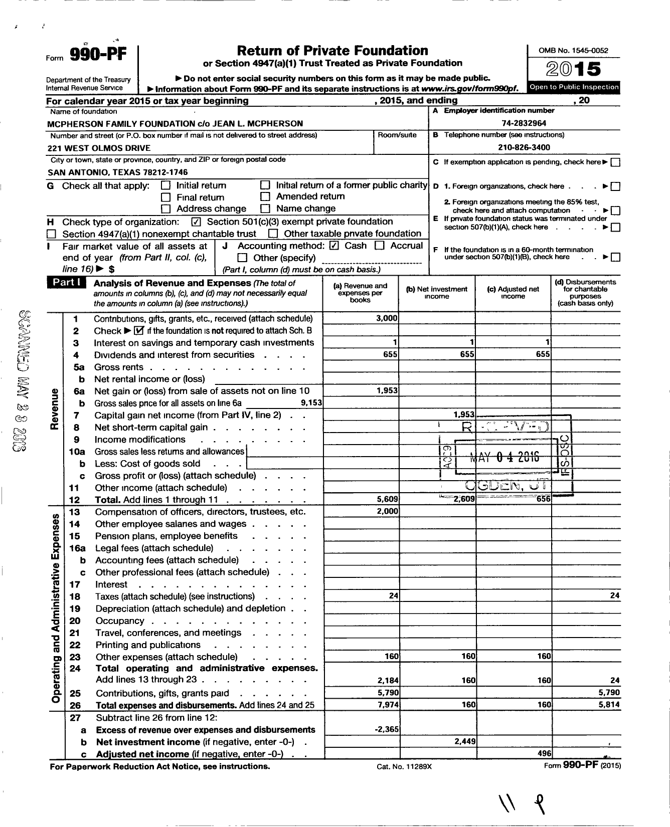 Image of first page of 2015 Form 990PF for Mcpherson Family Foundation