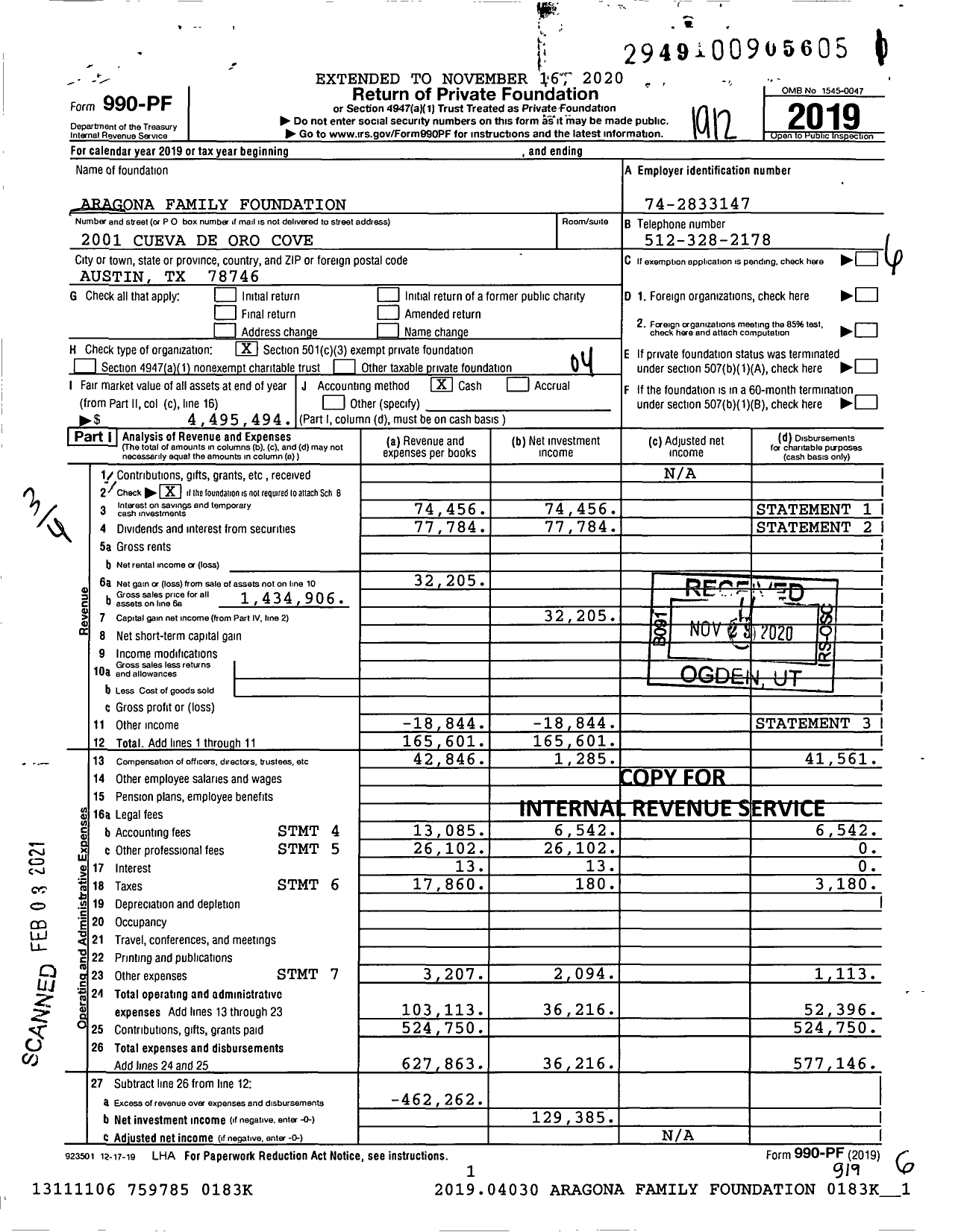 Image of first page of 2019 Form 990PF for Aragona Family Foundation