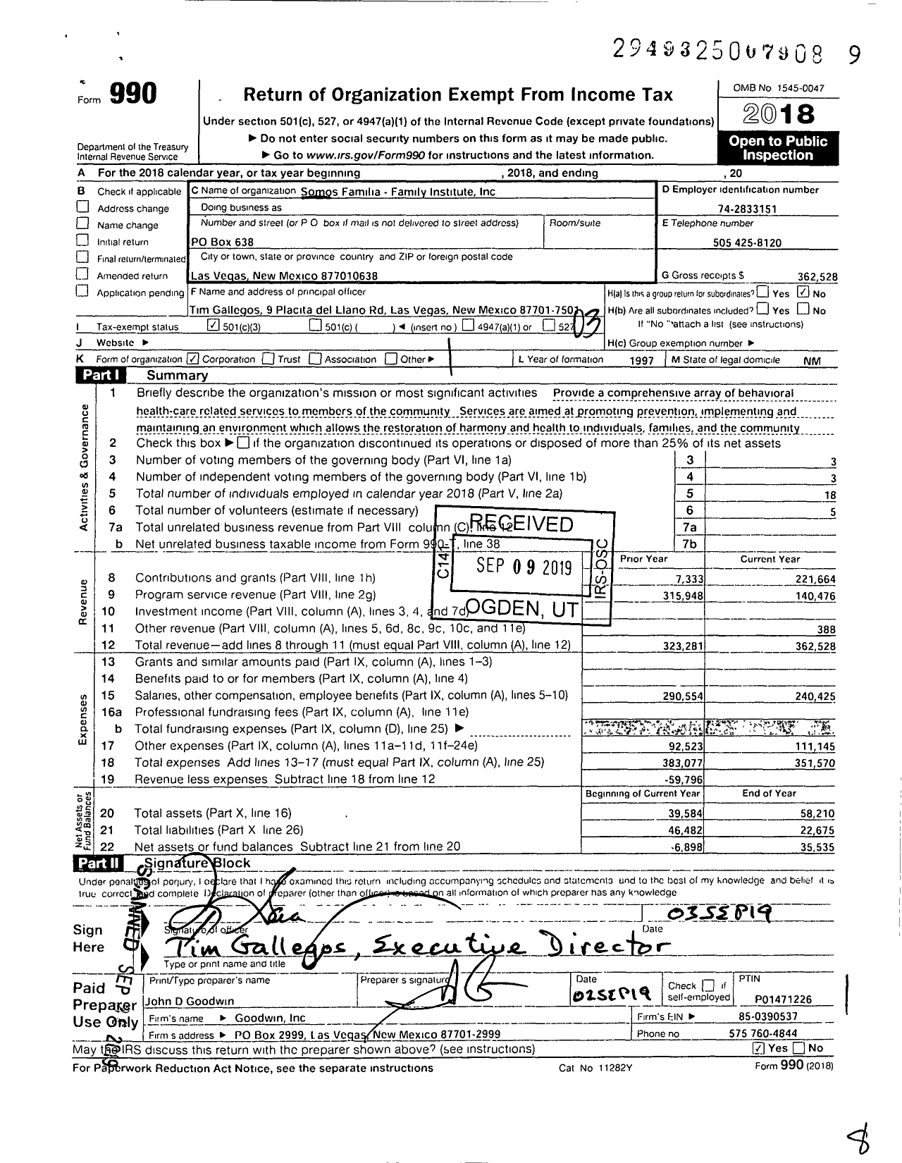 Image of first page of 2018 Form 990 for Somos Familia-Family Institute