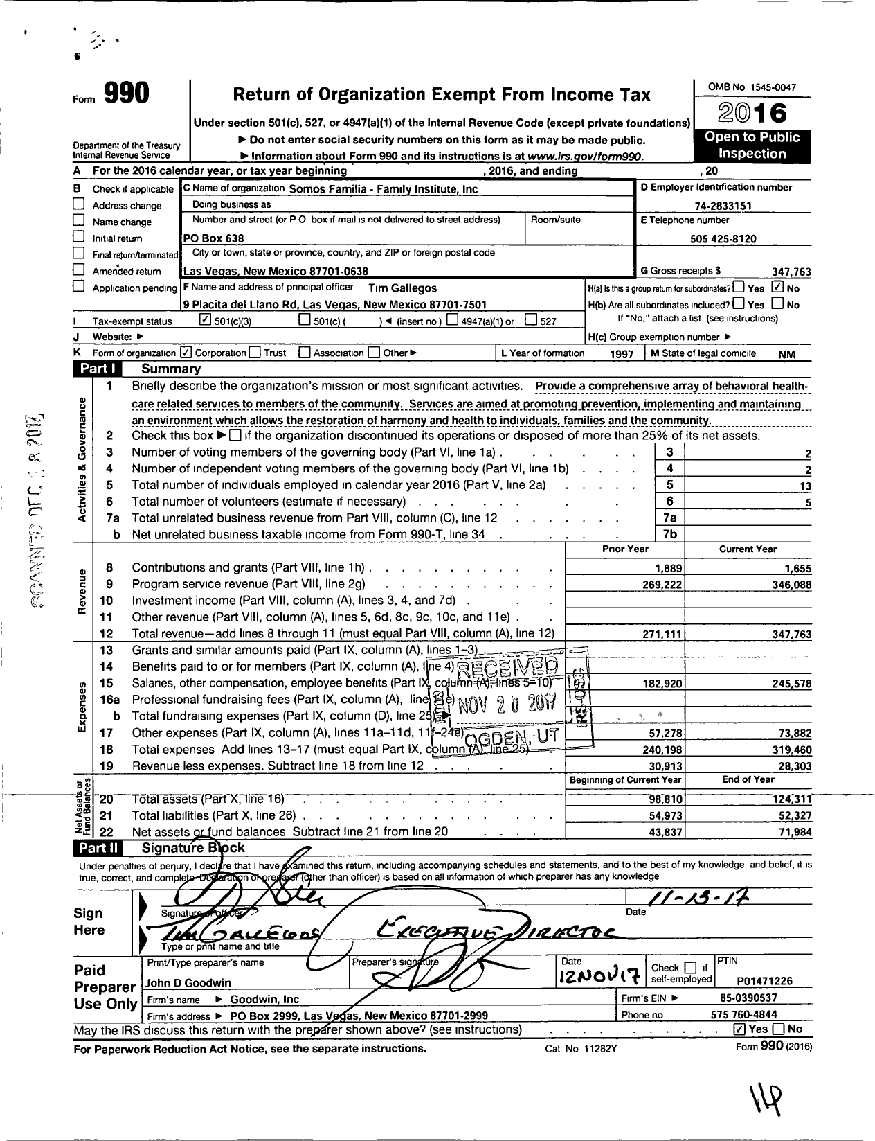 Image of first page of 2016 Form 990 for Somos Familia-Family Institute