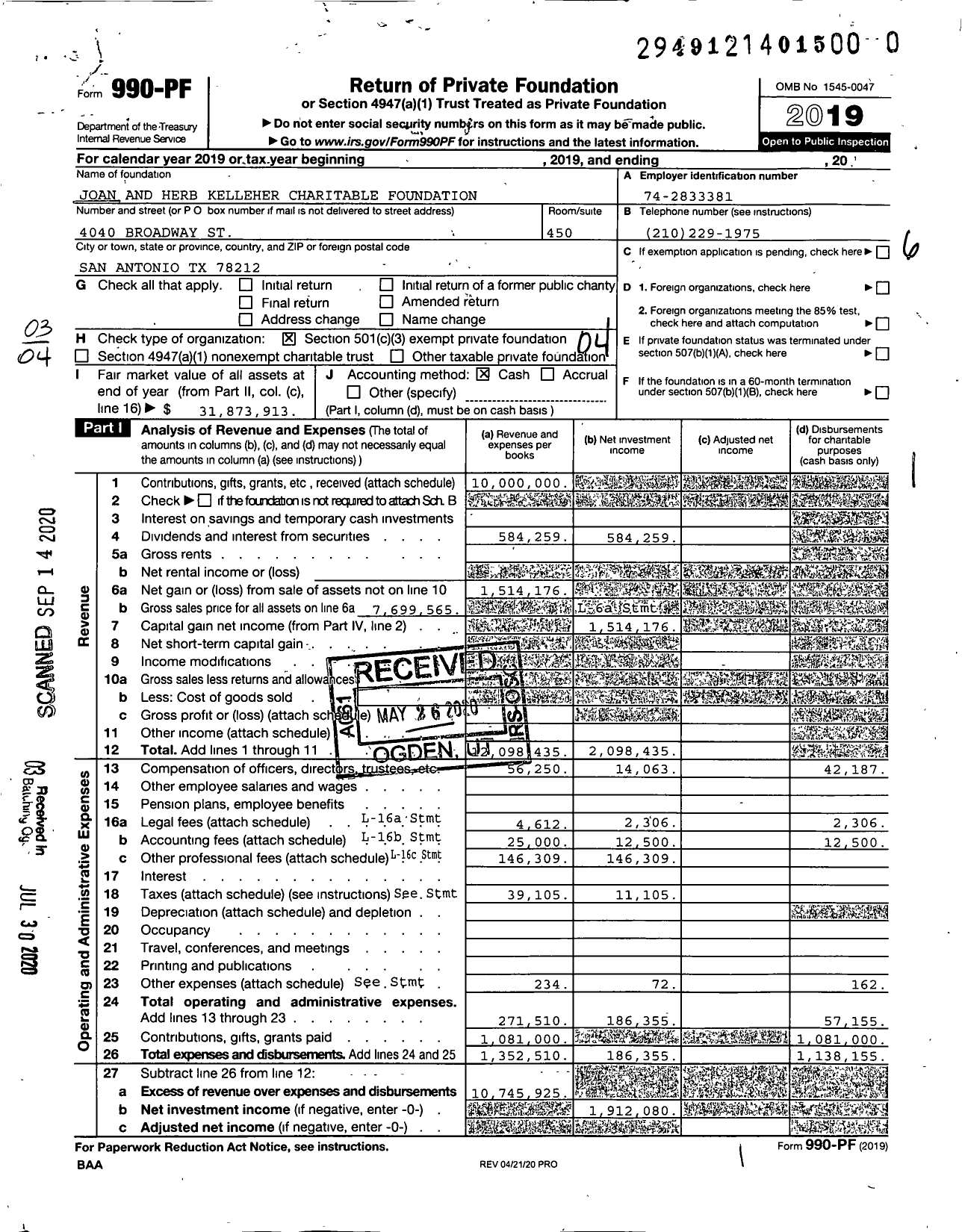 Image of first page of 2019 Form 990PR for Joan and Herb Kelleher Charitable Foundation