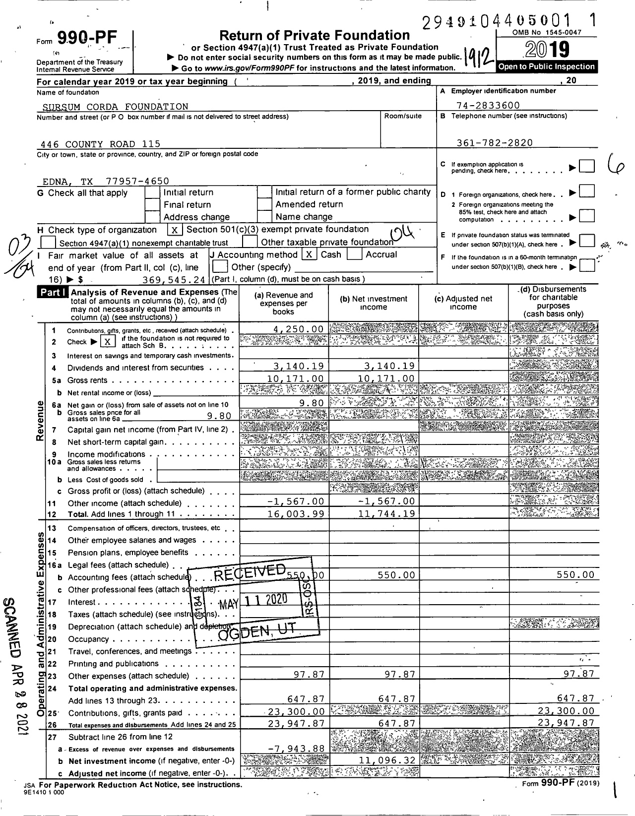 Image of first page of 2019 Form 990PF for Sursum Corda Foundation