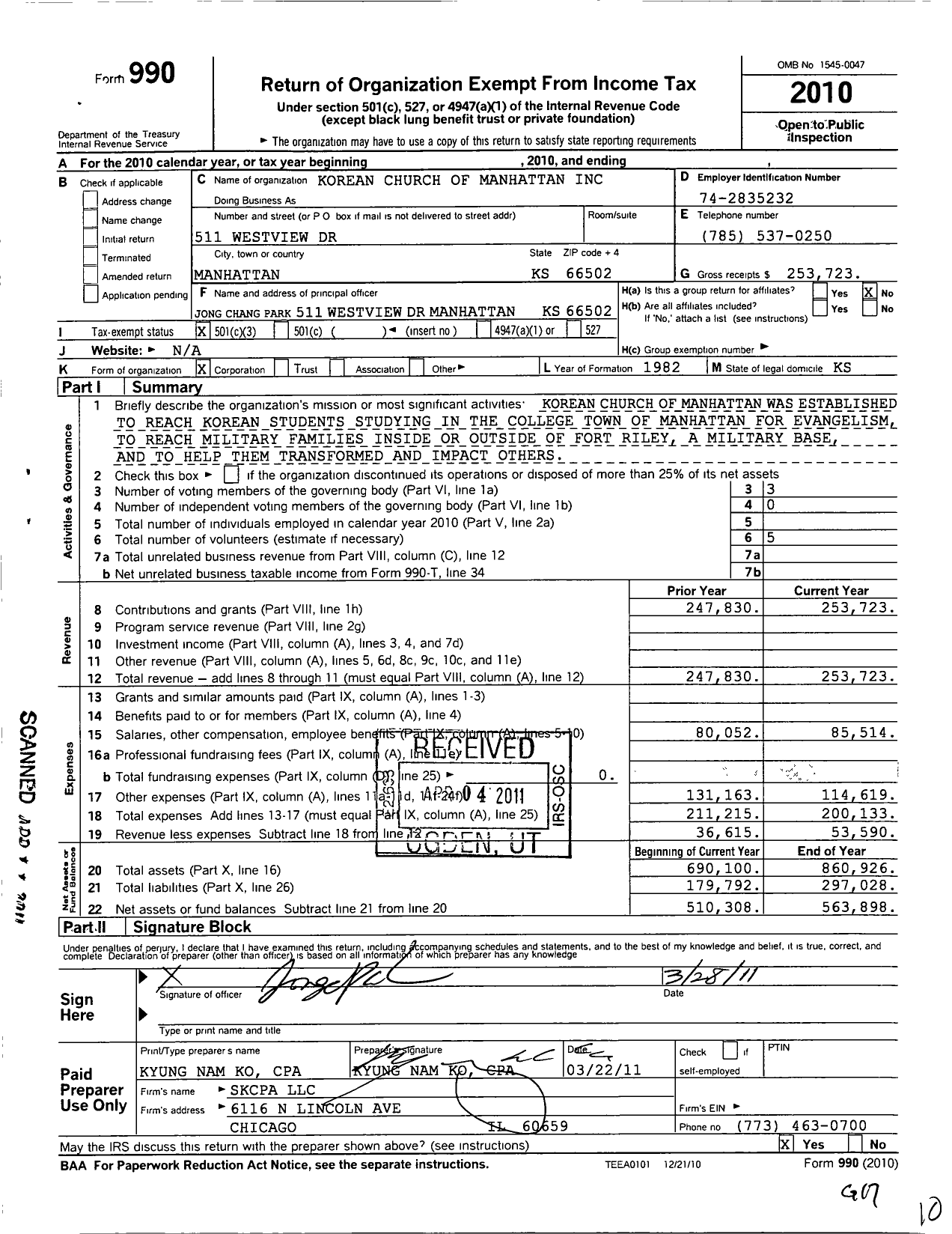 Image of first page of 2010 Form 990 for Korean Church of Manhattan