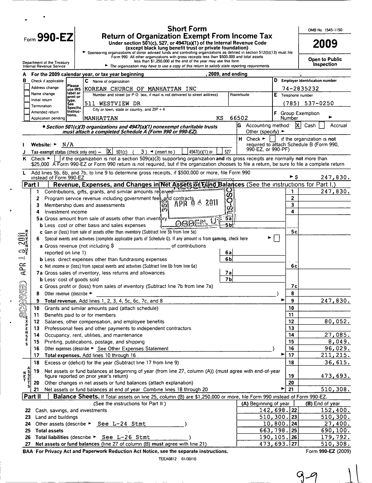 Image of first page of 2009 Form 990EZ for Korean Church of Manhattan