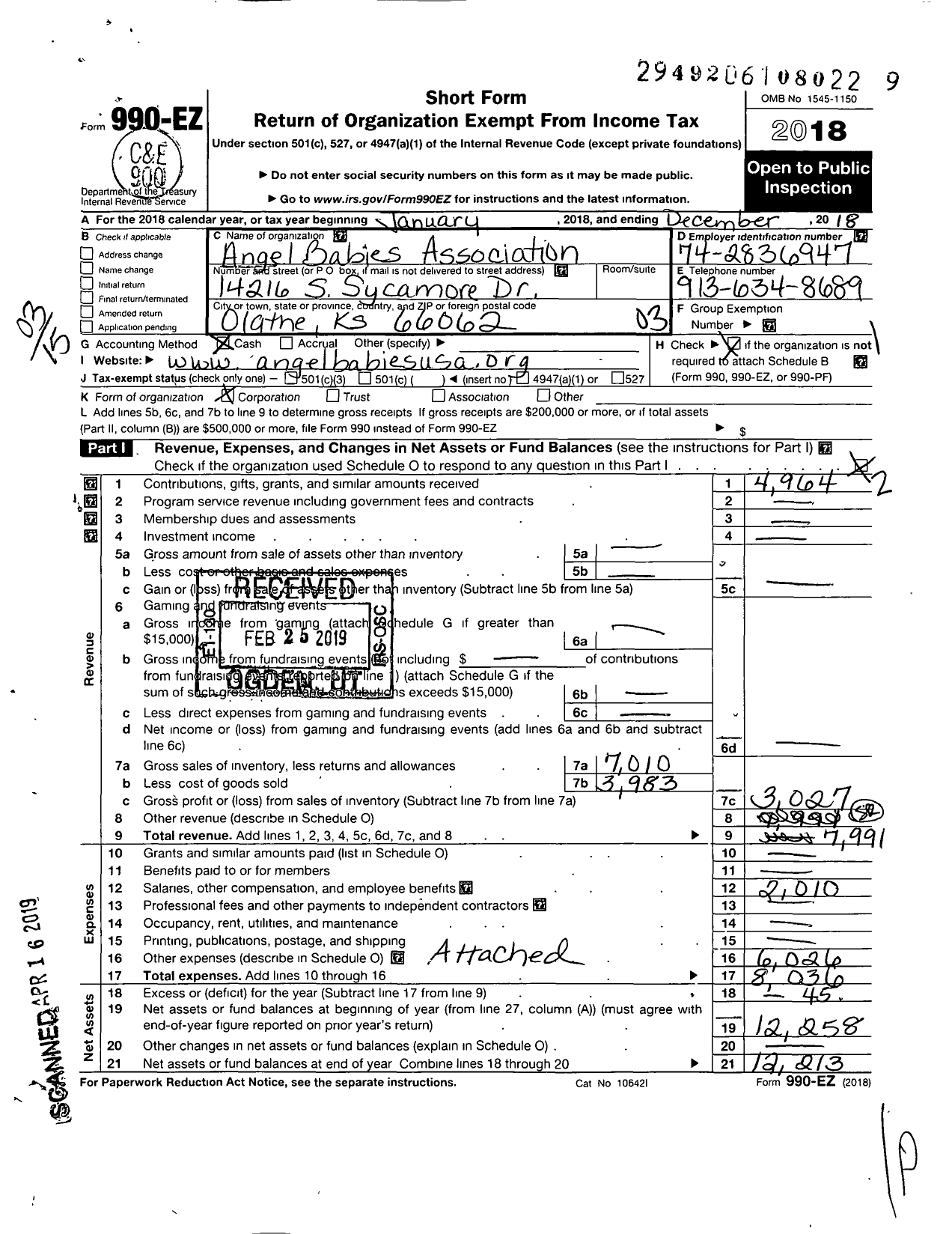 Image of first page of 2018 Form 990EZ for Angel Babies