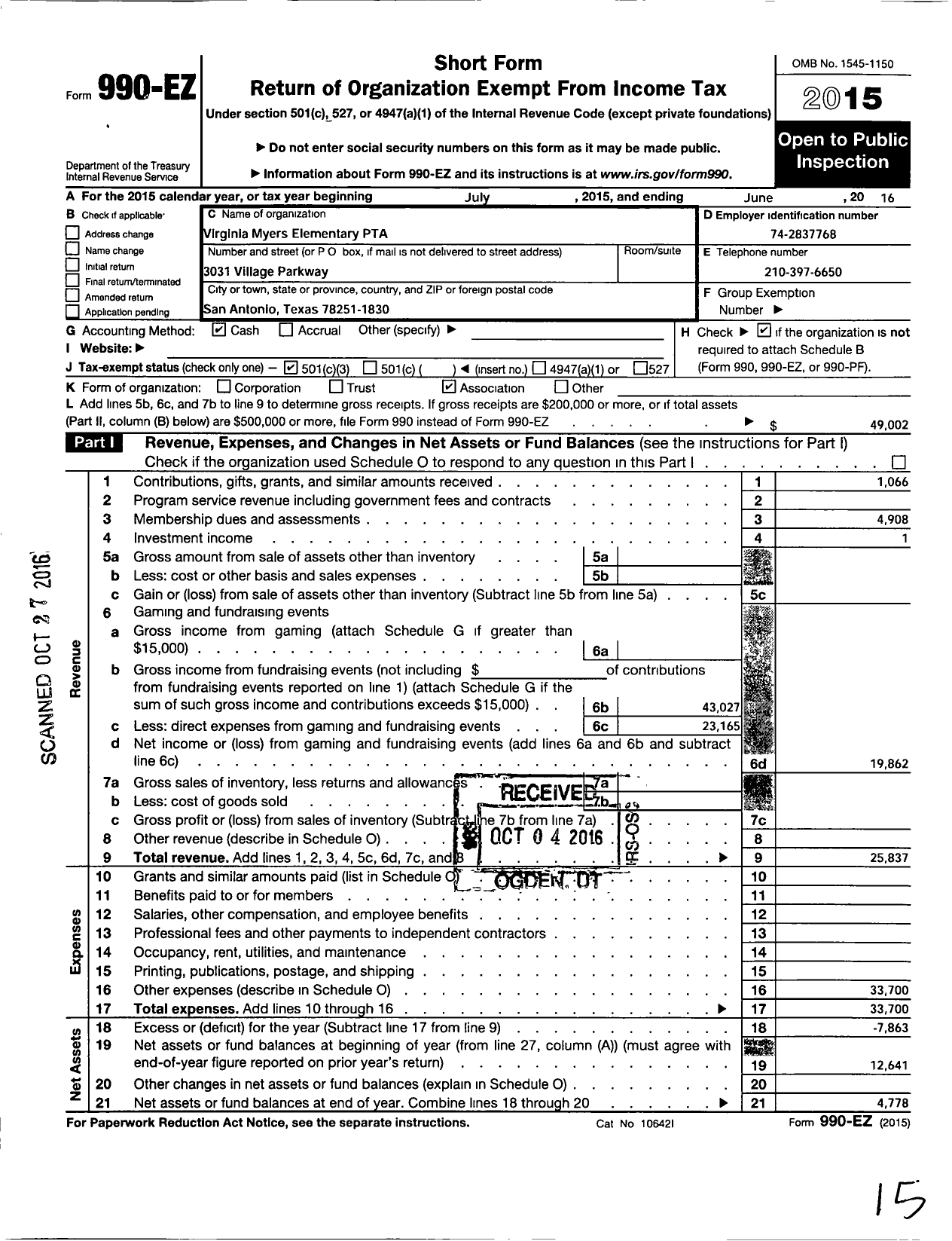 Image of first page of 2015 Form 990EZ for Texas PTA - 8609 Virginia A Myers Elementary