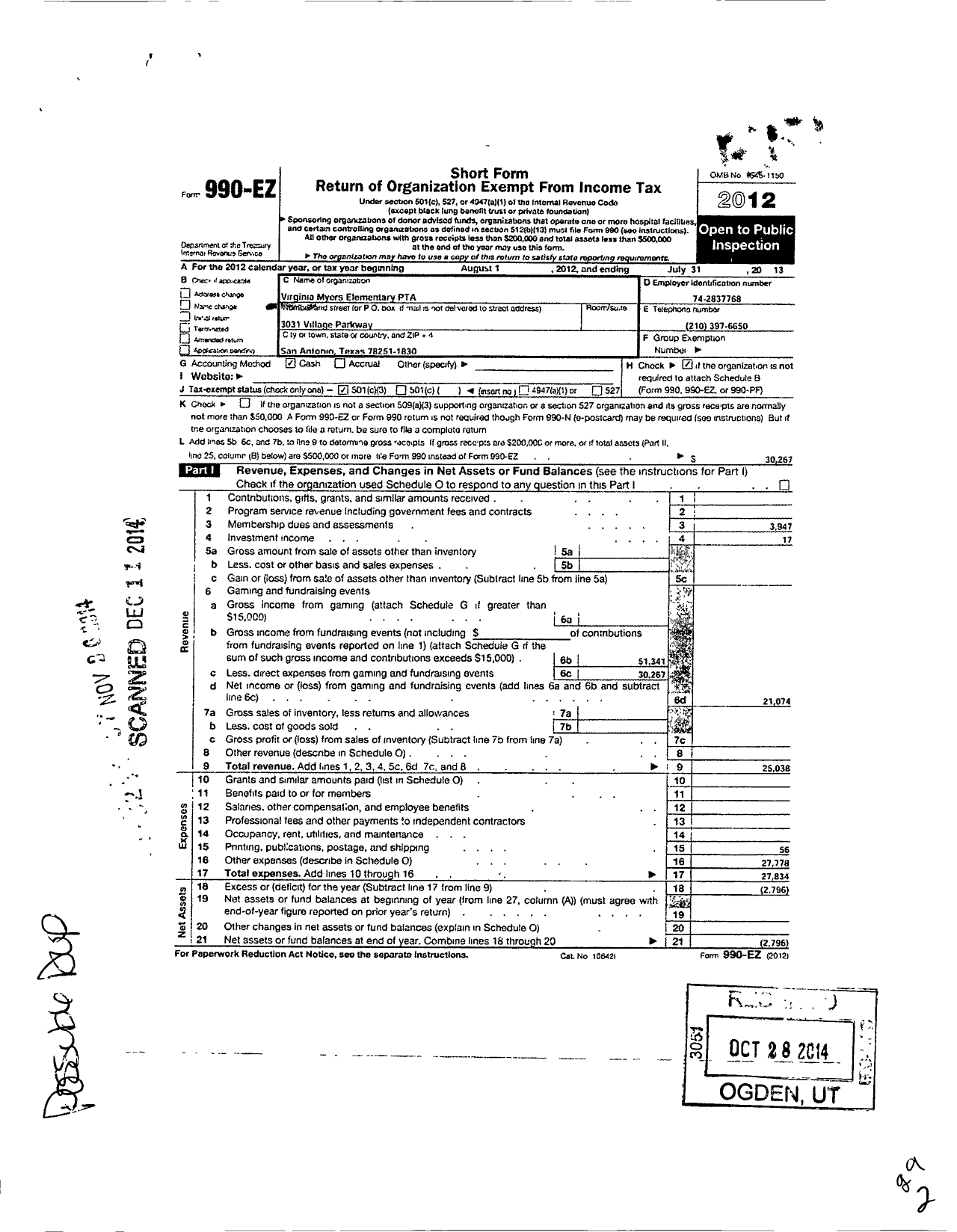 Image of first page of 2012 Form 990EZ for Texas PTA - 8609 Virginia A Myers Elementary