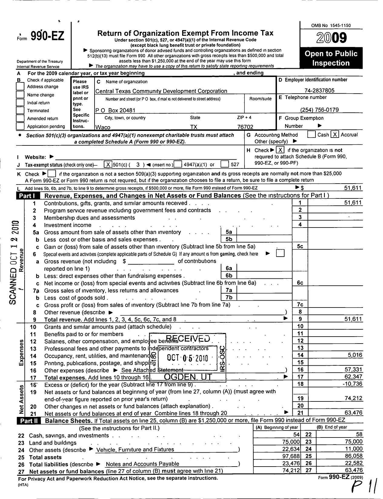 Image of first page of 2009 Form 990EZ for Central Texas Community Development Corporation