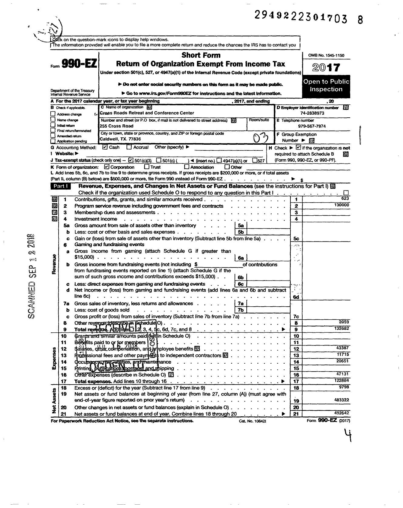 Image of first page of 2017 Form 990EZ for Cross Roads Retreat and Conference Center