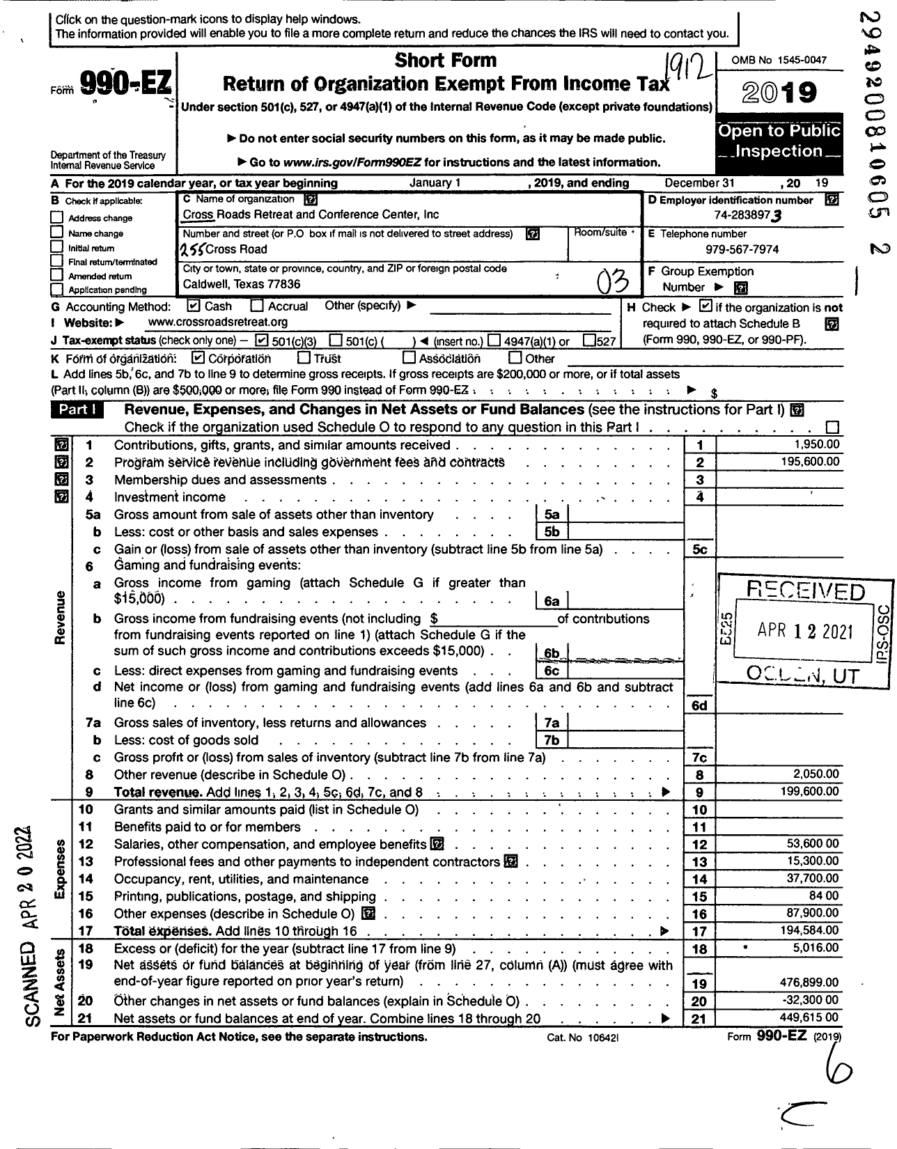 Image of first page of 2019 Form 990EZ for Cross Roads Retreat and Conference Center