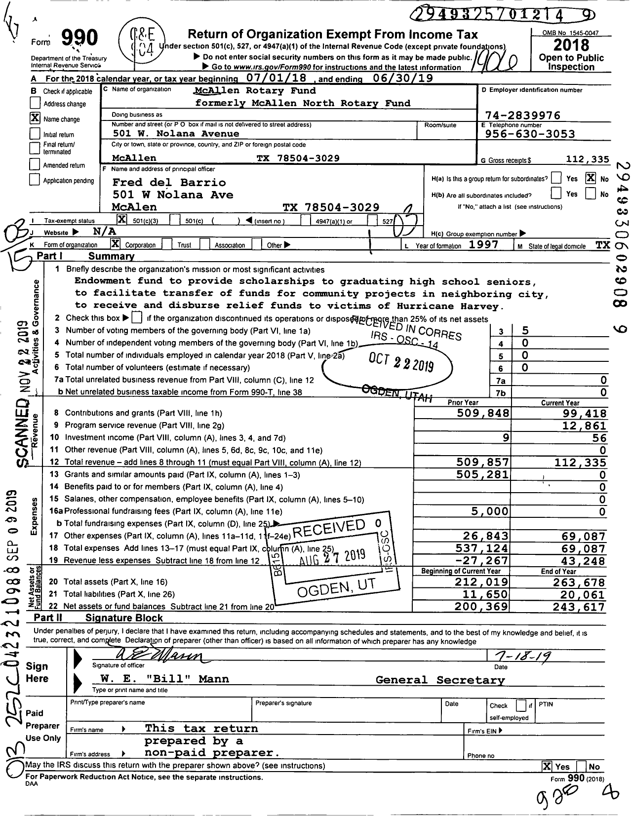 Image of first page of 2018 Form 990 for McAllen Rotary Fund
