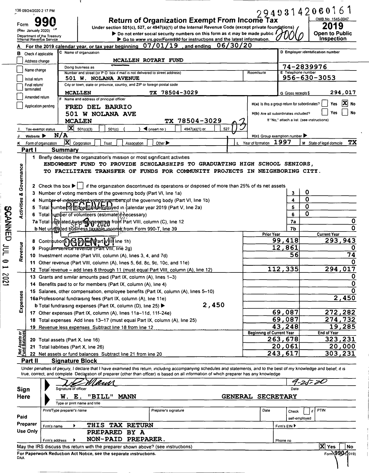 Image of first page of 2019 Form 990 for McAllen Rotary Fund